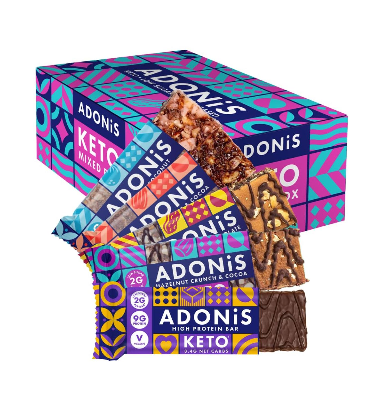 Adonis Mixed Box: 20 High Protein Keto Bars - Vegan & Keto-Friendly Snacks | Sugar-Free, Low Carb & Palm Oil Free - Buy Online on GoSupps.com