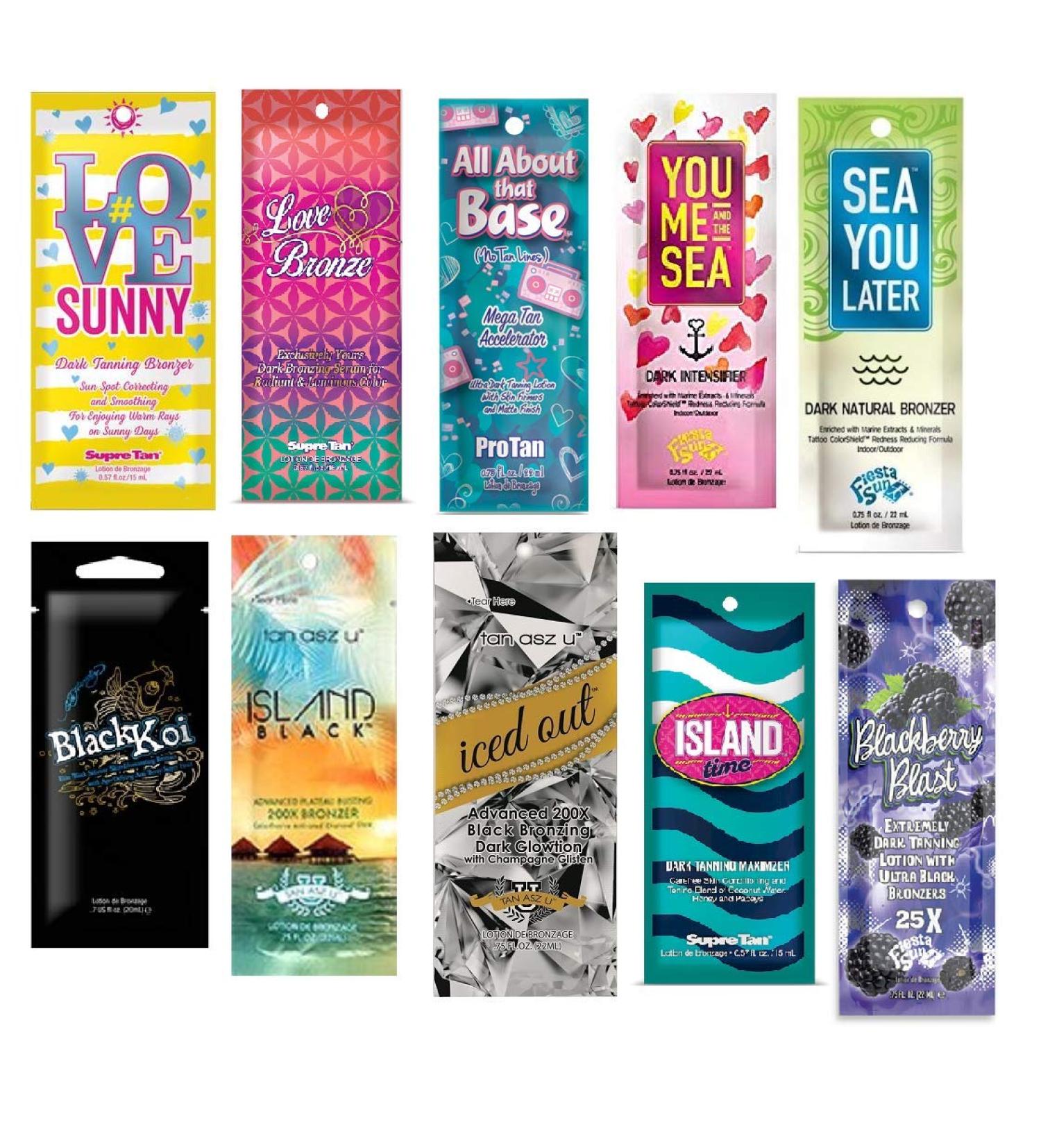 10 NEW ASSORTED INDOOR TANNING BED LOTION PACKETS SAMPLES PACKETTES