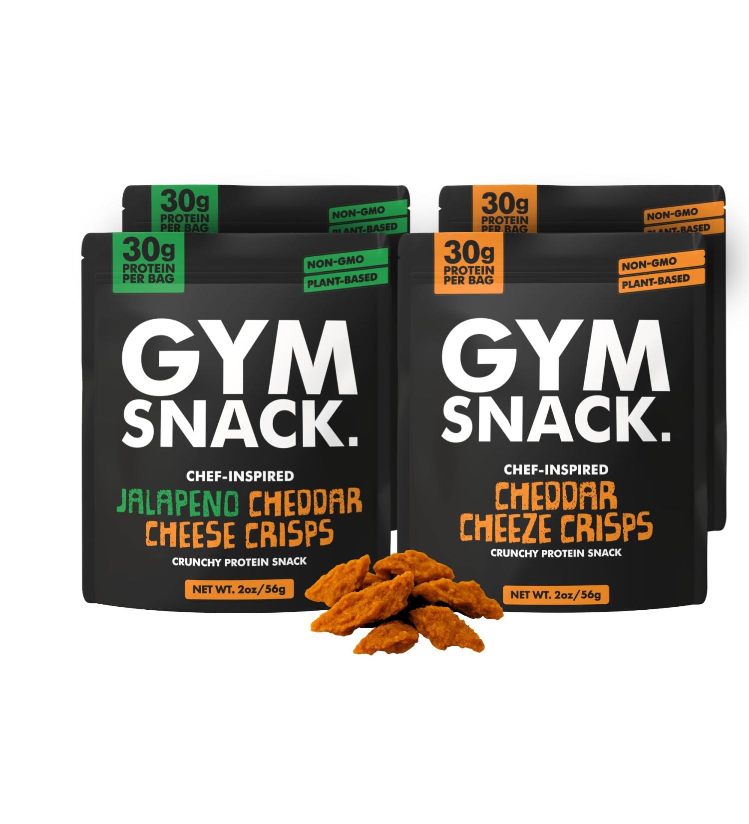 Gym Snack Cheezy Variety Pack Cheddar and Jalapeno Cheddar Protein Crisps 2 oz Each 4 Pack Crunchy Pea Protein Snack with Bold Cheesy Flavor | Low Carb Gluten-Free Vegan-Friendly Protein Snack for On-the-Go Fuel Jalepen