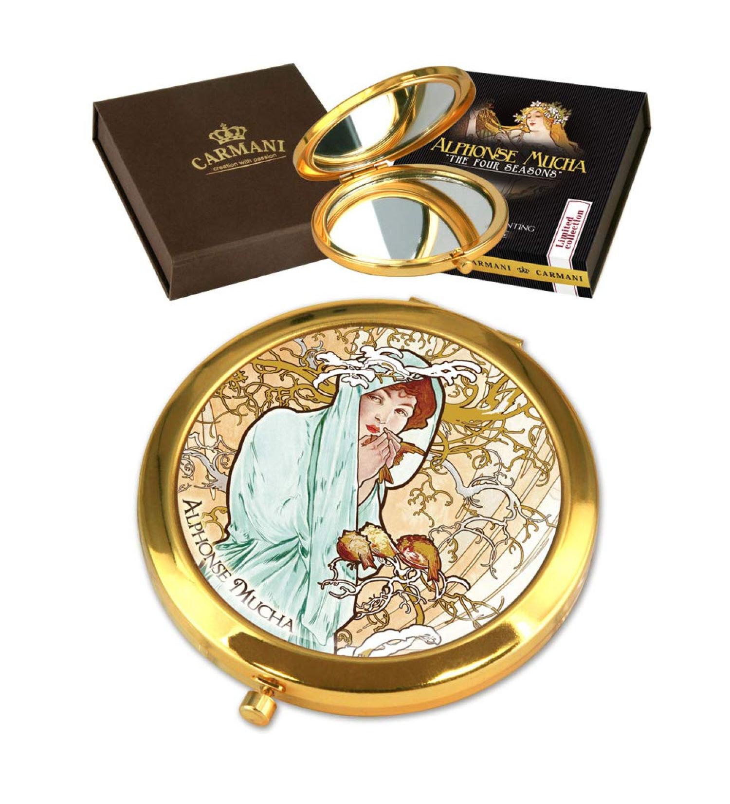 CARMANI - Gold plated bronze pocket compact travel mirror decorated with Mucha 'Winter' painting