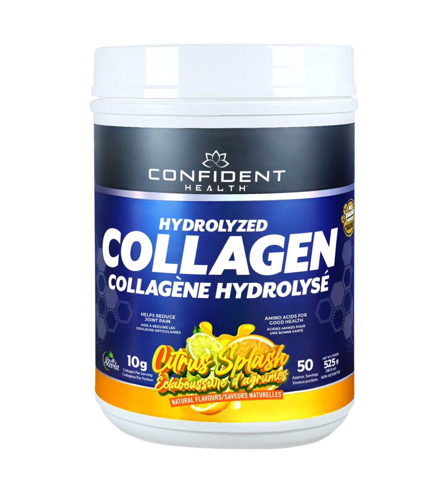CONFIDENT HEALTH Hydrolyzed COLLAGEN Delicious Powder Drink Mix Gluten-Free - Natural Flavours 10g Collagen per serving Sweetened with Stevia 50 Servings (525 Gram CITRUS SPLASH) CITRUS SPLASH 525 Gram - Buy Online on GoSupps.com