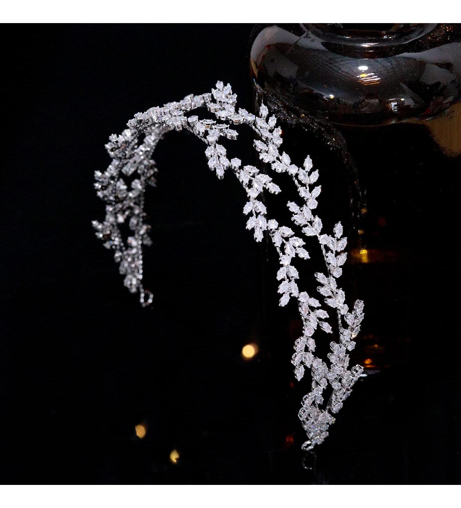 Jorsnovs Double Layer Cubic Zirconia Leaves Wedding Tiara - Silver Headband for Women - Buy Online on GoSupps.com