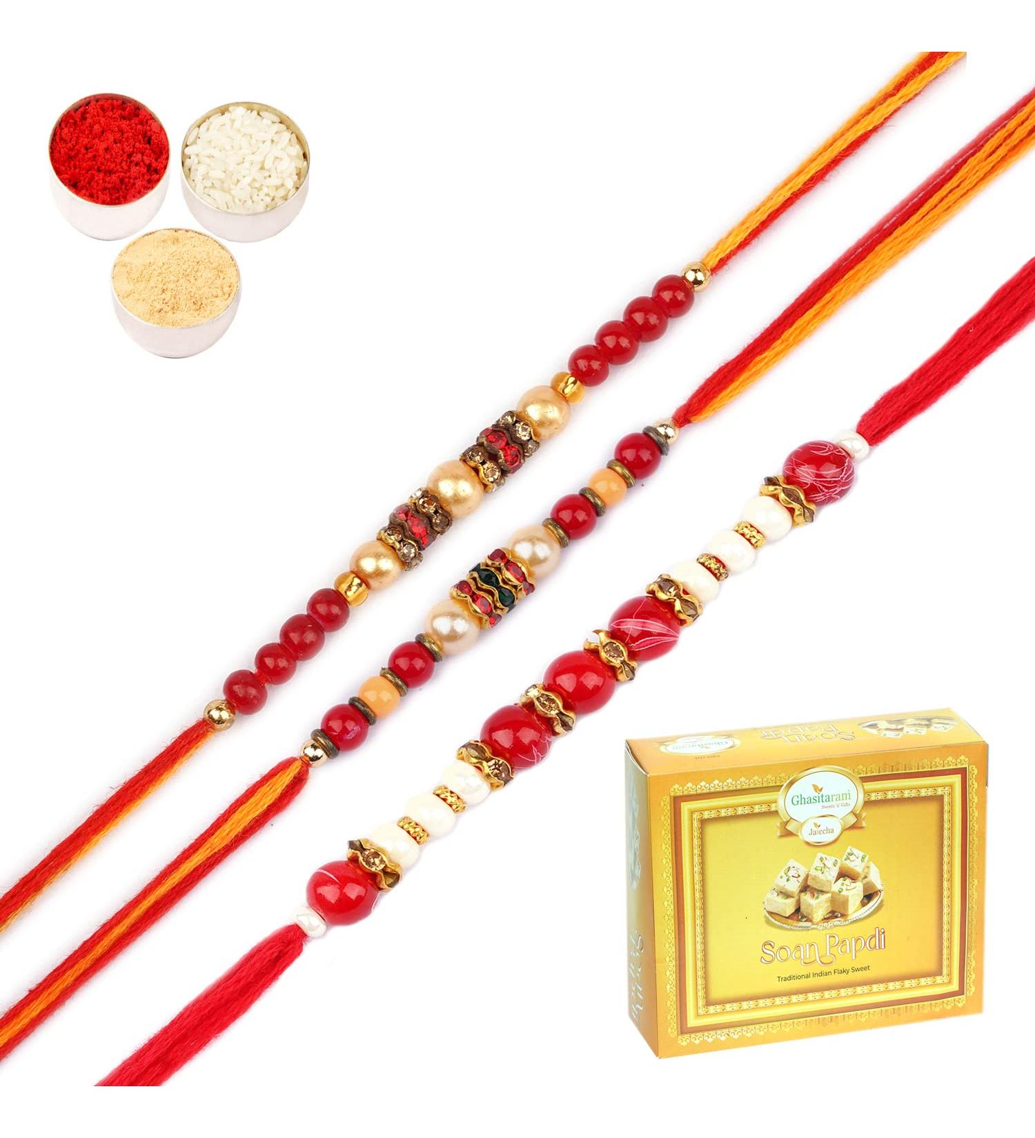 Ghasitaram Gifts Rakhi for Brother Rakhis Online - Set of 3 RS-140 6349 6941 Pearl Rakhis with 200 GMS of Soan Papdi - Buy Online on GoSupps.com