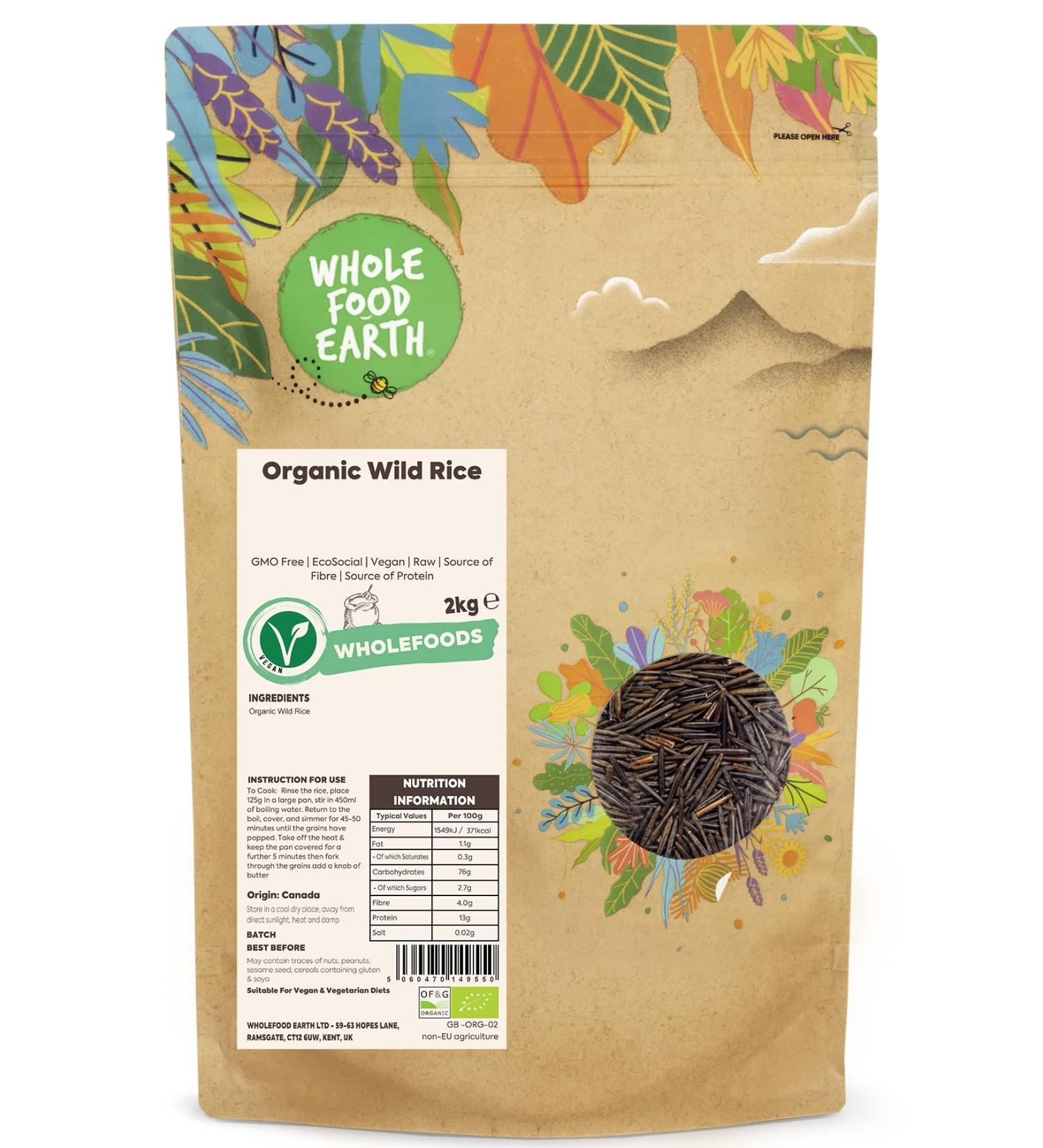 Wholefood Earth Organic Wild Rice 2kg GMO-Free | Vegan | Raw | Source of Fibre & Protein | Certified Organic EcoSocial - Buy Online on GoSupps.com