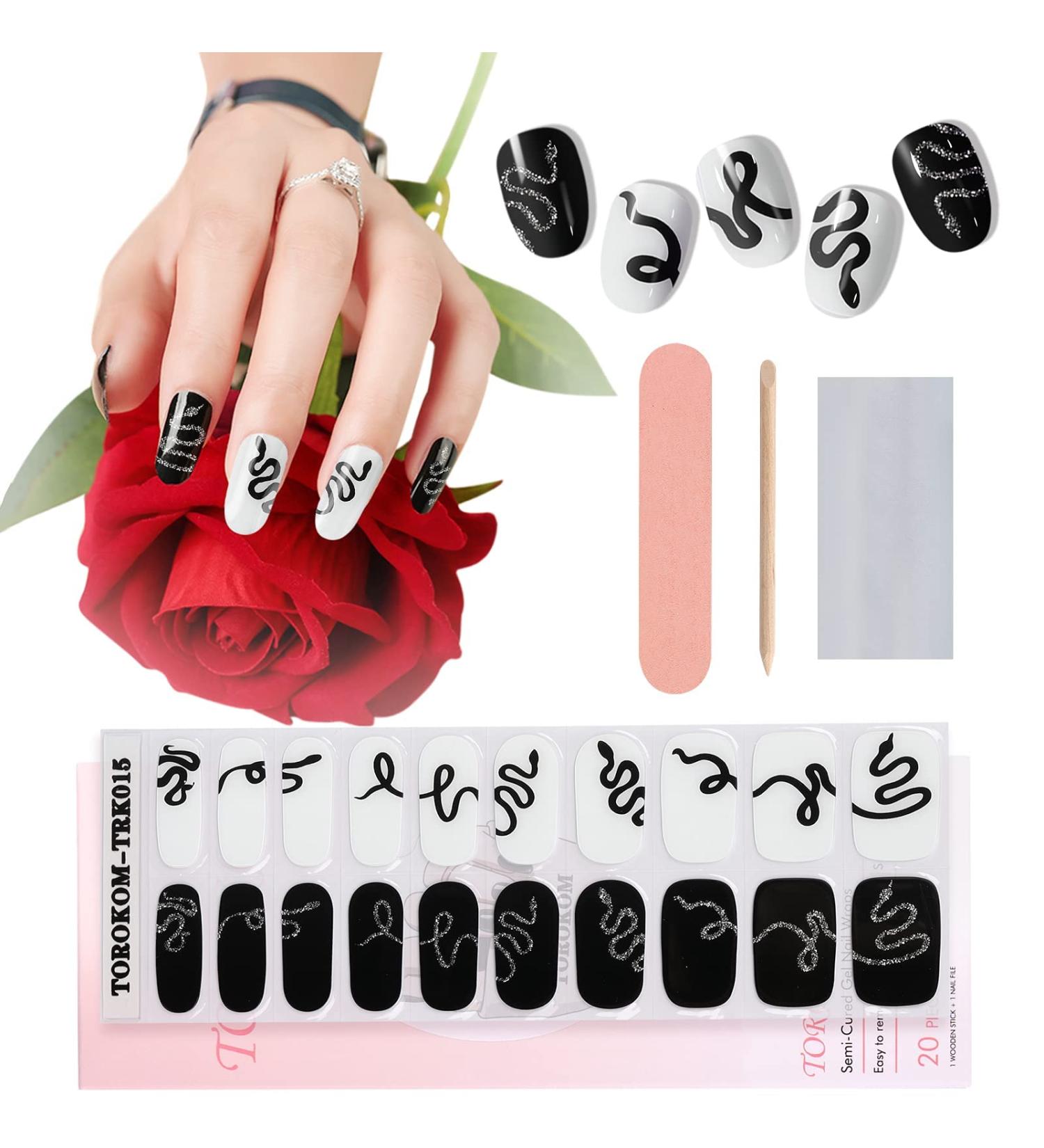 EBANKU Semi Cured Gel Nail Strips - Black and White Long Lasting Waterproof Nail Wraps Kit with Accessories - Buy Online on GoSupps.com