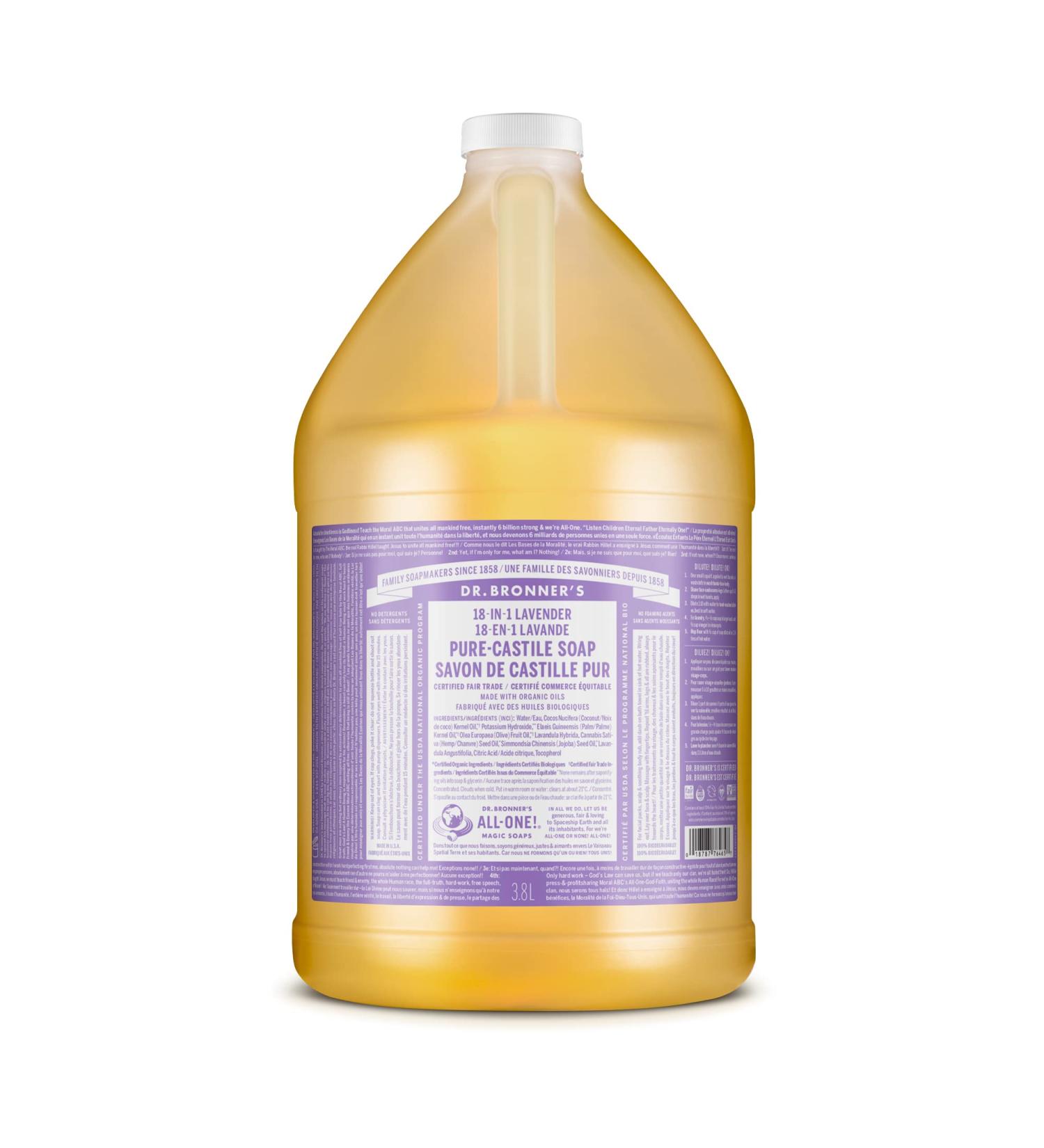 Dr. Bronners Lavender Pure-Castile Liquid Soap 1 Gallon - Organic 18-in-1 Soap for Face, Body, Hair, Laundry, Pets & Dishes - Concentrated, Vegan, Non-GMO - 128 Fl Oz - Buy Online on GoSupps.com