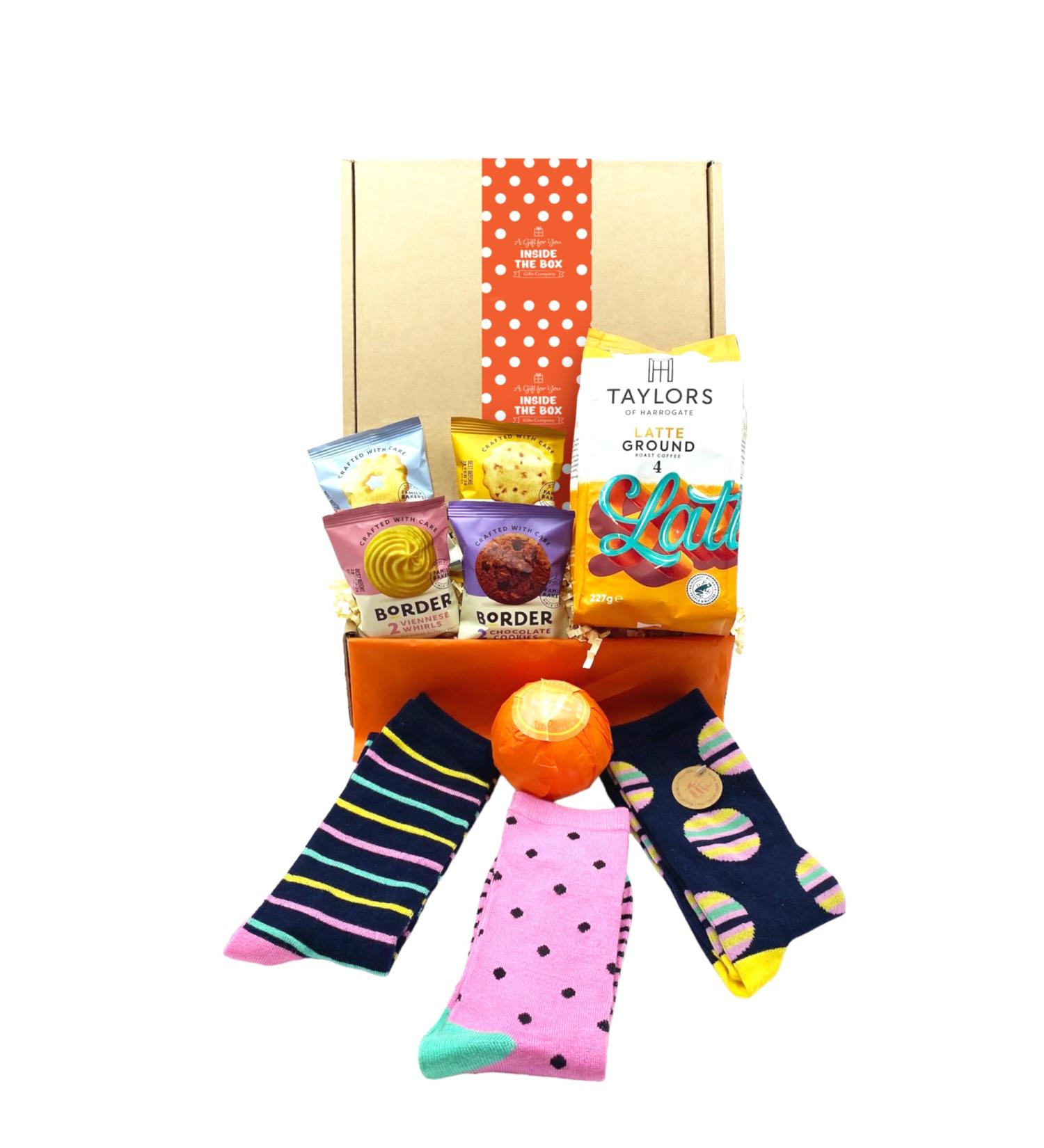 Gift Box by Inside the Box Gifts (Latte Ground Coffee w Biscuits Socks & Bath Bomb) - Buy Online on GoSupps.com