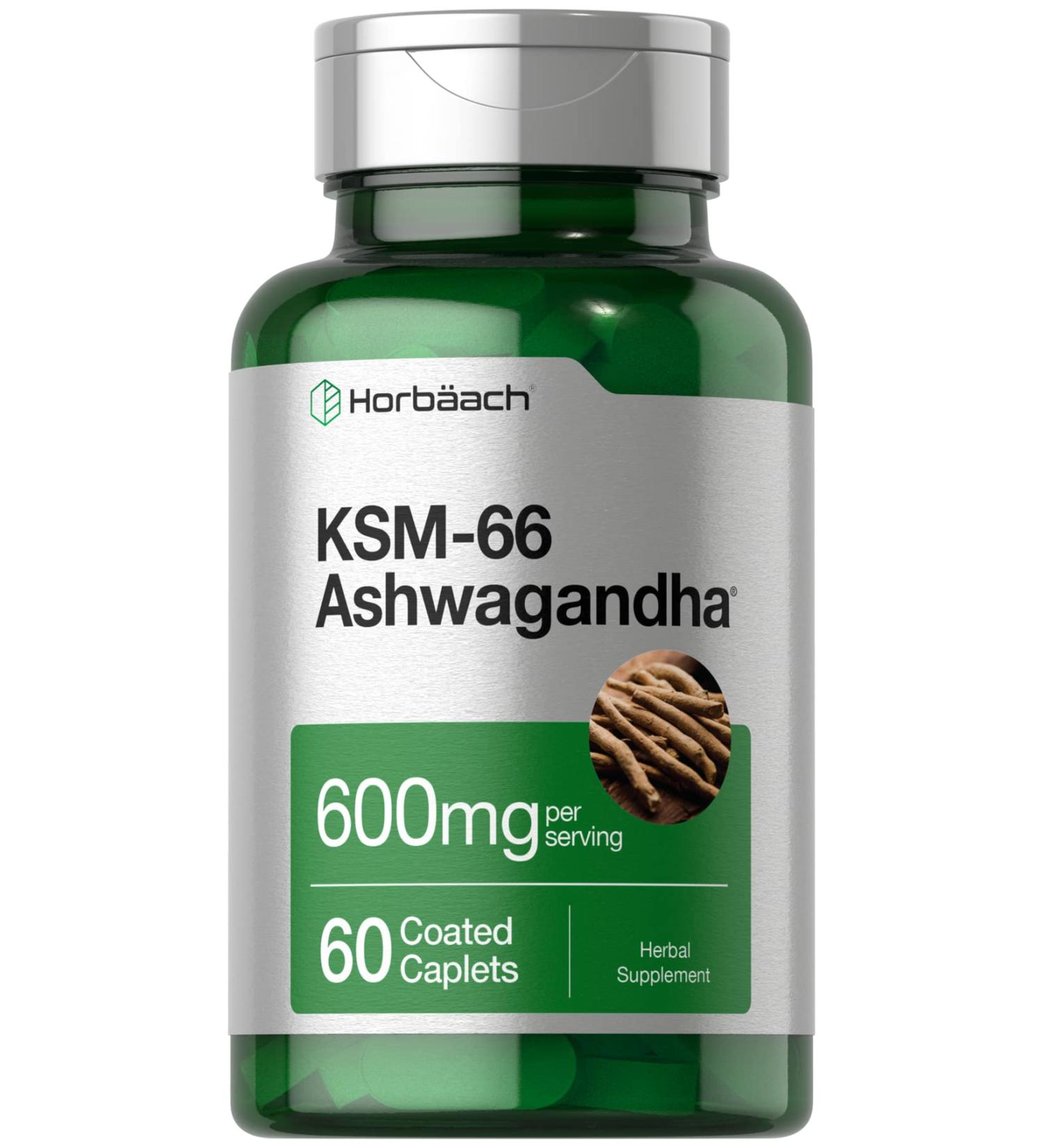 Horbaach KSM-66 Ashwagandha 600mg with L-Theanine - Vegan Non-GMO Gluten Free | 60 Coated Caplets - Best Complex Supplement for Stress & Wellness - Buy Online on GoSupps.com