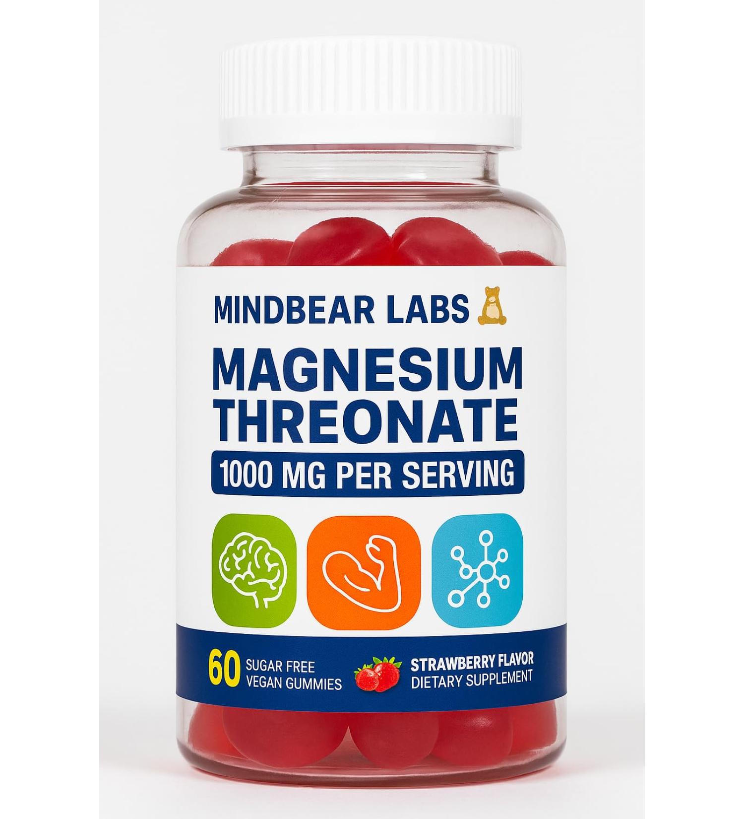 Mindbear Labs Magnesium Threonate Gummies 1000mg Strawberry Flavor Sugar Free Vegan 60 Count GMP Certified - Buy Online on GoSupps.com