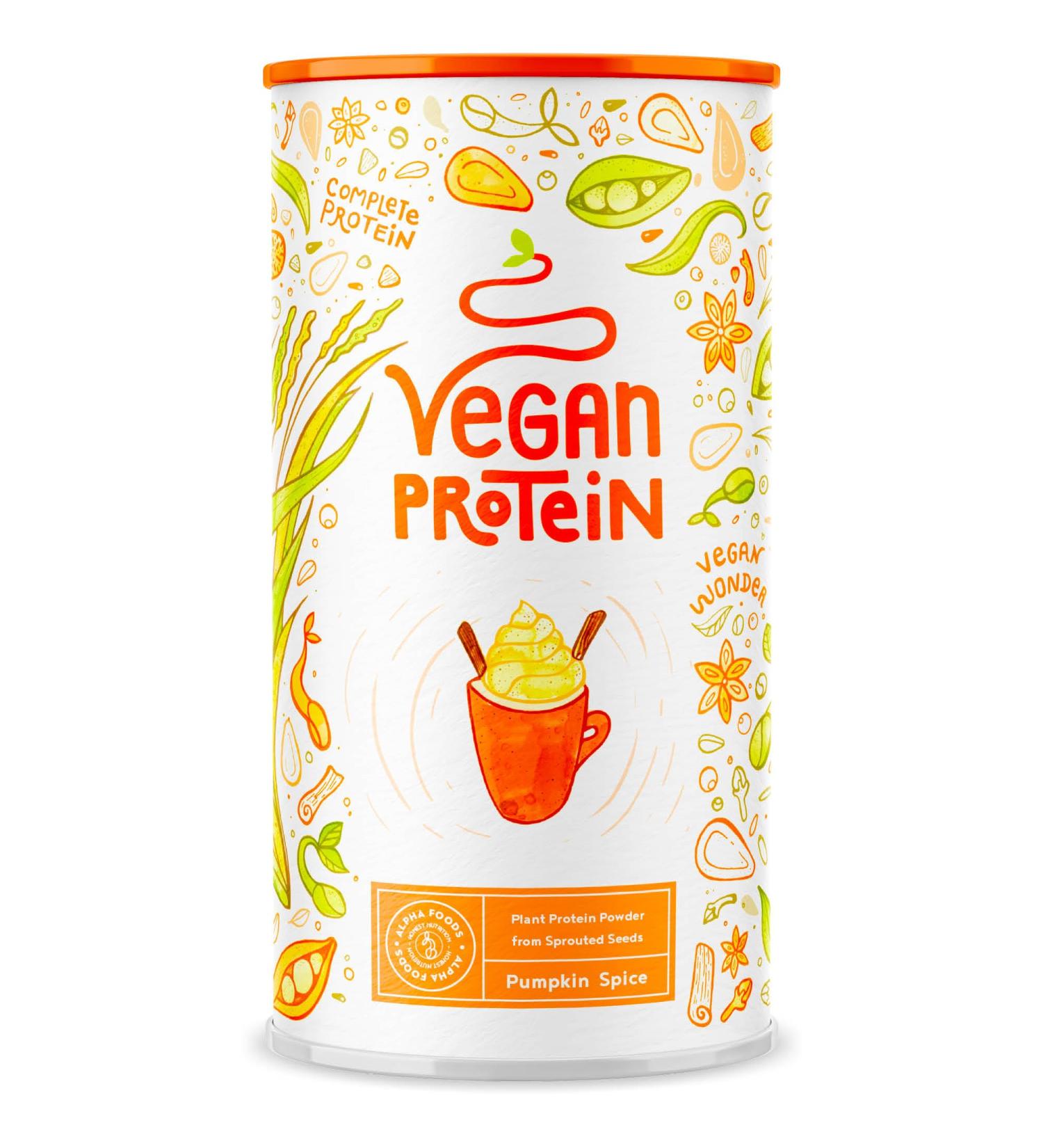 Buy Alpha Foods Vegan Pumpkin Spice Protein Powder - 600g | Plant-Based Protein Blend with Rice Peas Soy Flax Amaranth & Sunflower Seeds | International Shipping Available - Buy Online on GoSupps.com