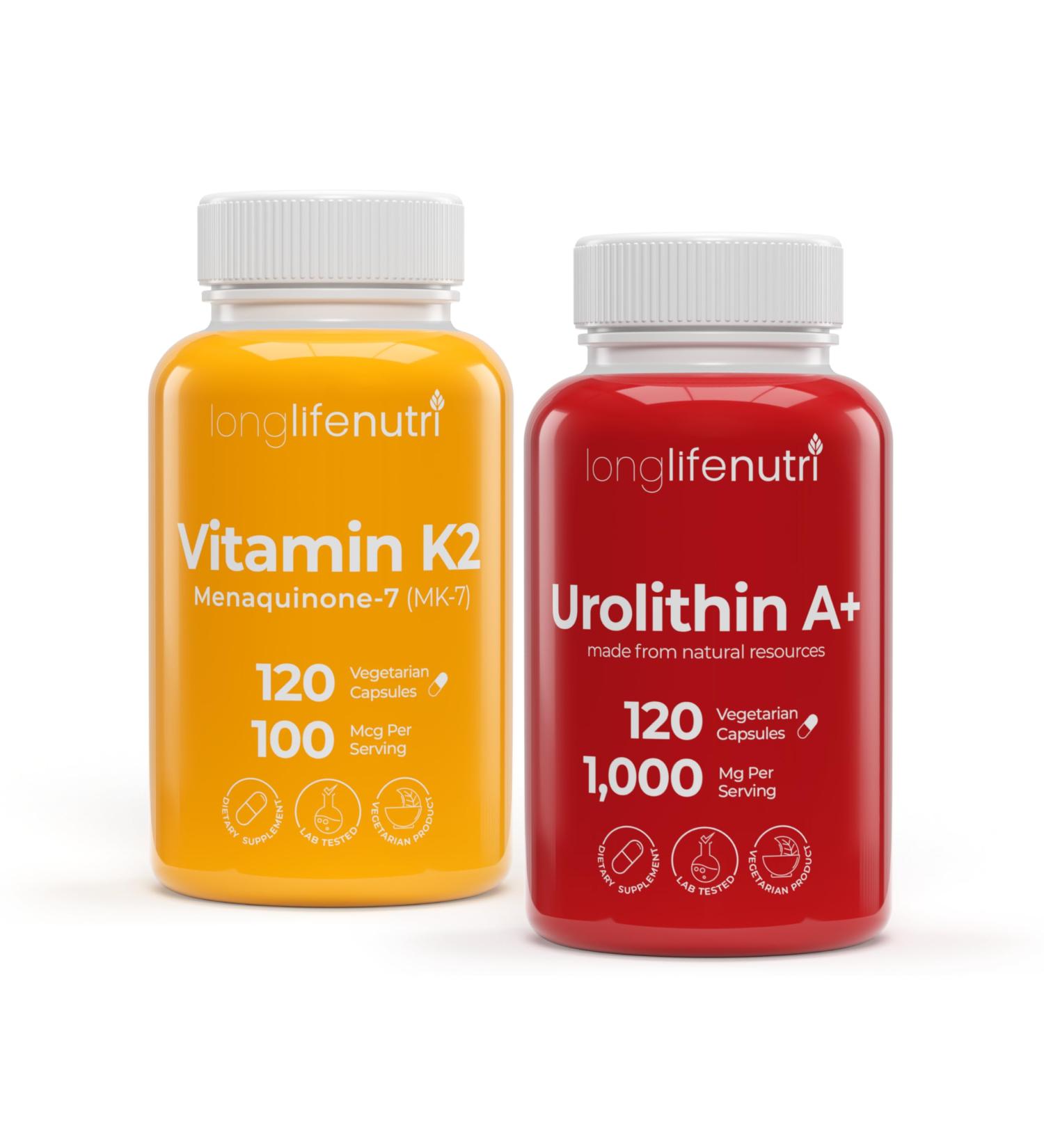 LongLifeNutri Vitamin K2 MK-7 100 mcg & Urolithin A+ 1000 mg Bundle 120 Veg Capsules Each Up to 4-Month Supply Bone Circulation & Longevity Support Lab Tested Made in USA - Buy Online on GoSupps.com
