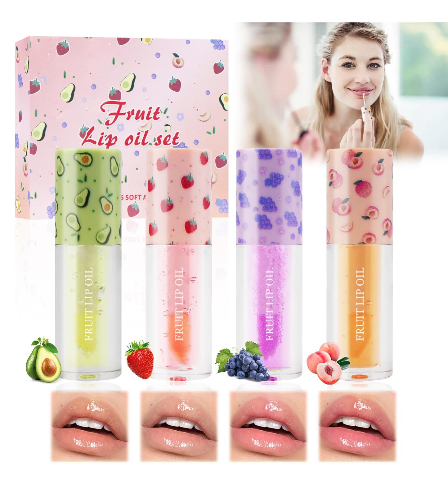 Horuili 4Pcs Colorless Transparent Lip Oil Fruit Flavored Lip Gloss Set Fruit Lip Glosses Moisturizes Lips For Dry and Withered Lips - Buy Online on GoSupps.com