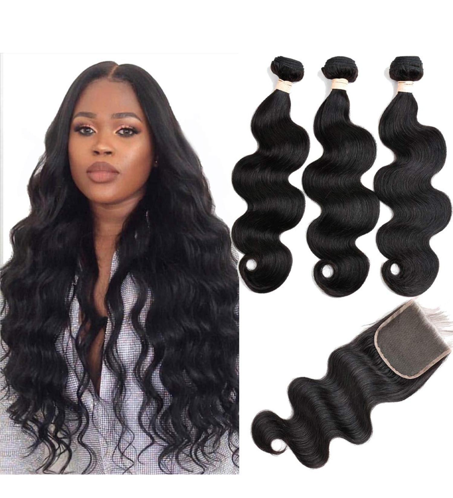 Beauhair Brazilian Body Wave Virgin Hair Bundles with Lace Closure | 14/16/18+14 Inch | Unprocessed Human Hair | Natural Black 4X4 Lace Closure | Free Part | Body Wave Bundles - Buy Online on GoSupps.com