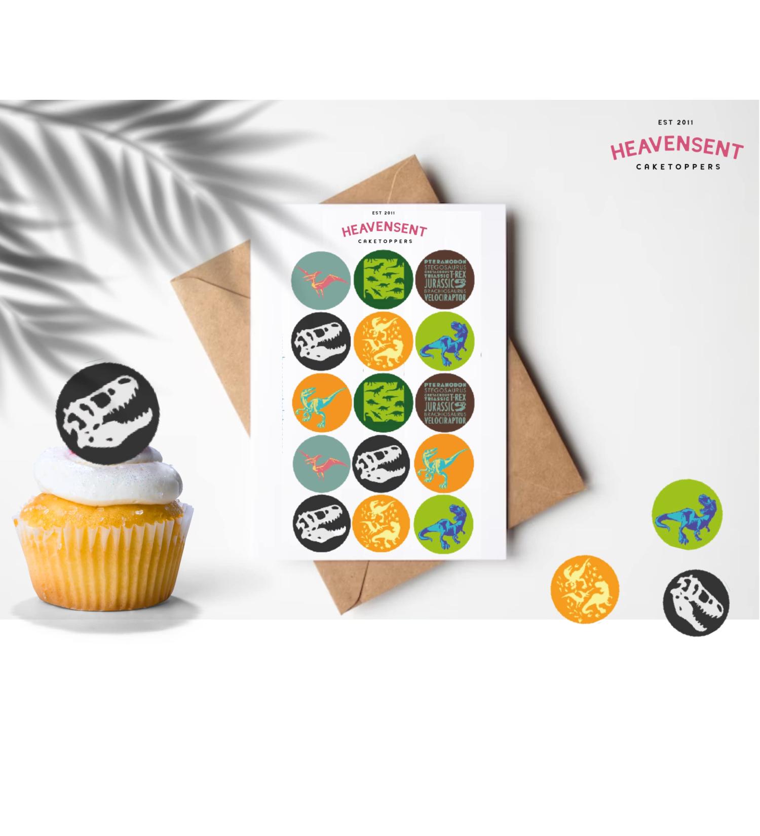 30x Pre-cut Jurassic Dinosaur (A) Circles Edible Thick Wafer Card Standing Cupcake Toppers Birthday Party Cake Decorations