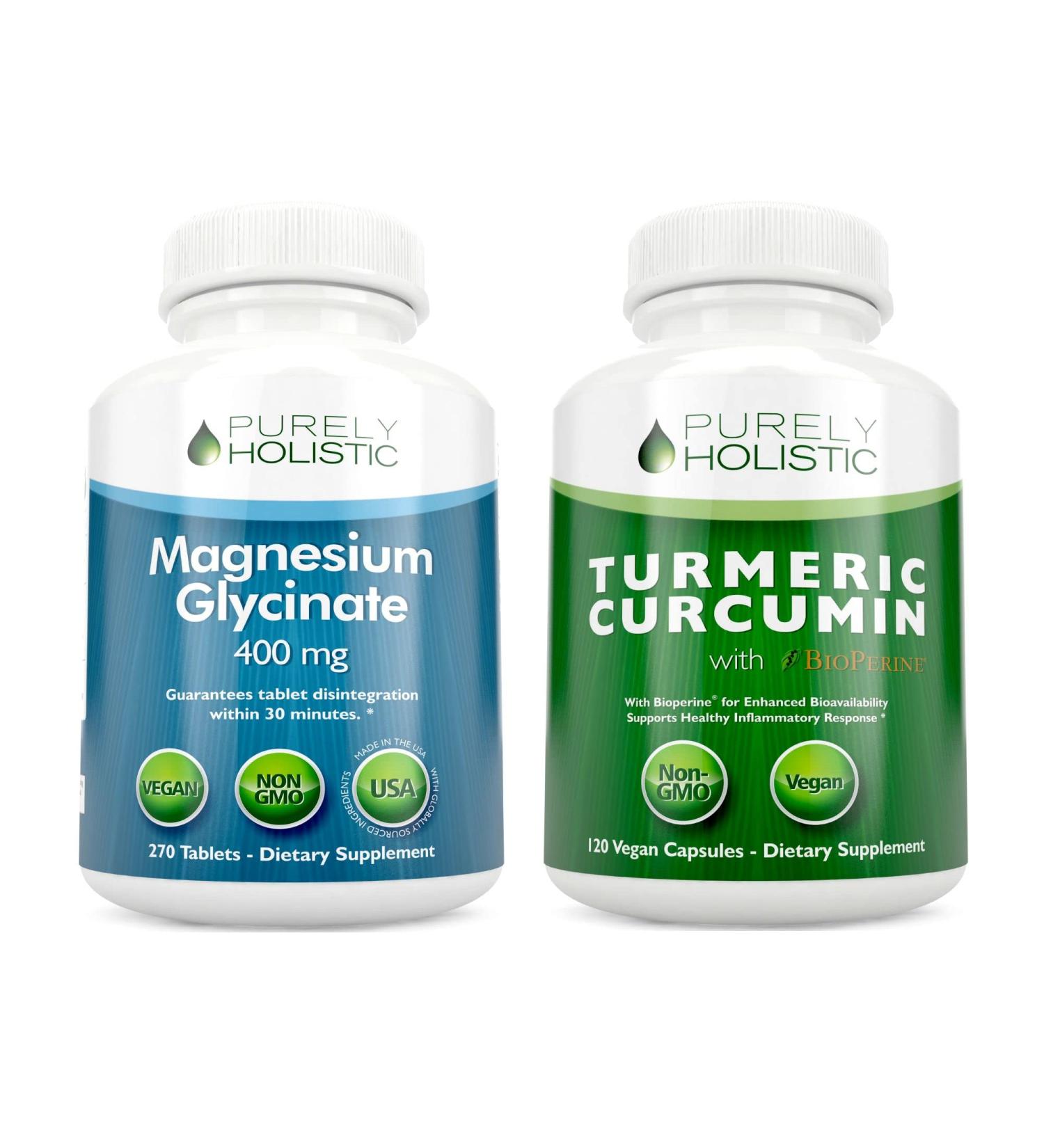 Magnesium Glycinate 400mg + Organic Turmeric Curcumin 700mg with Bioperine Providing 95% Curcuminoids - 270 Tablets & 120 Capsules - Vegan Bundle - Buy Online on GoSupps.com