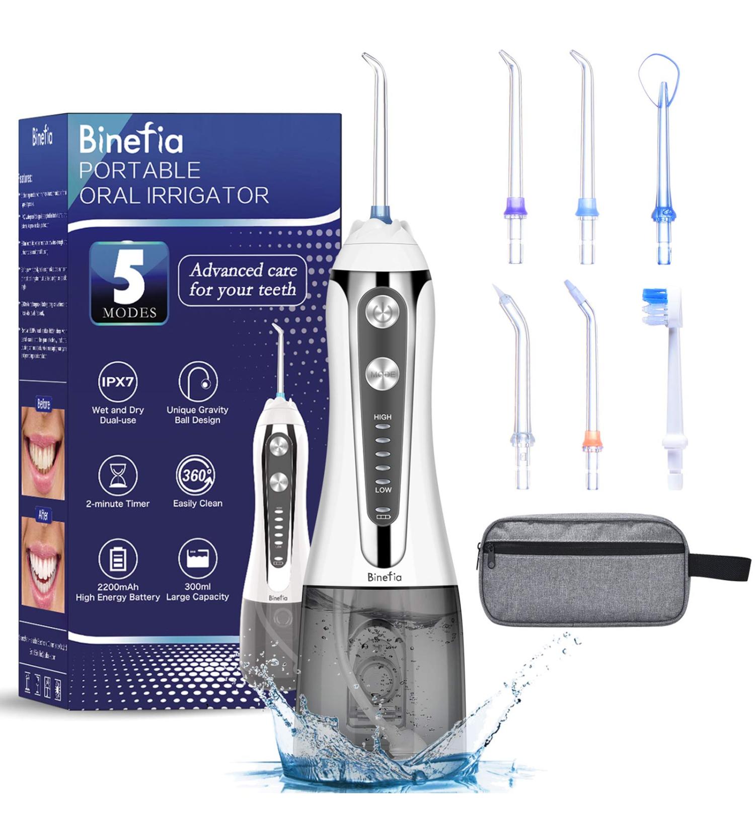 Binefia Water Flosser Cordless | 5 Modes, 360 Rotation, IPX7 Waterproof | 6 Jet Tips, 300ML Tank | USB Rechargeable Teeth Cleaner for Home/Travel - Buy Online on GoSupps.com