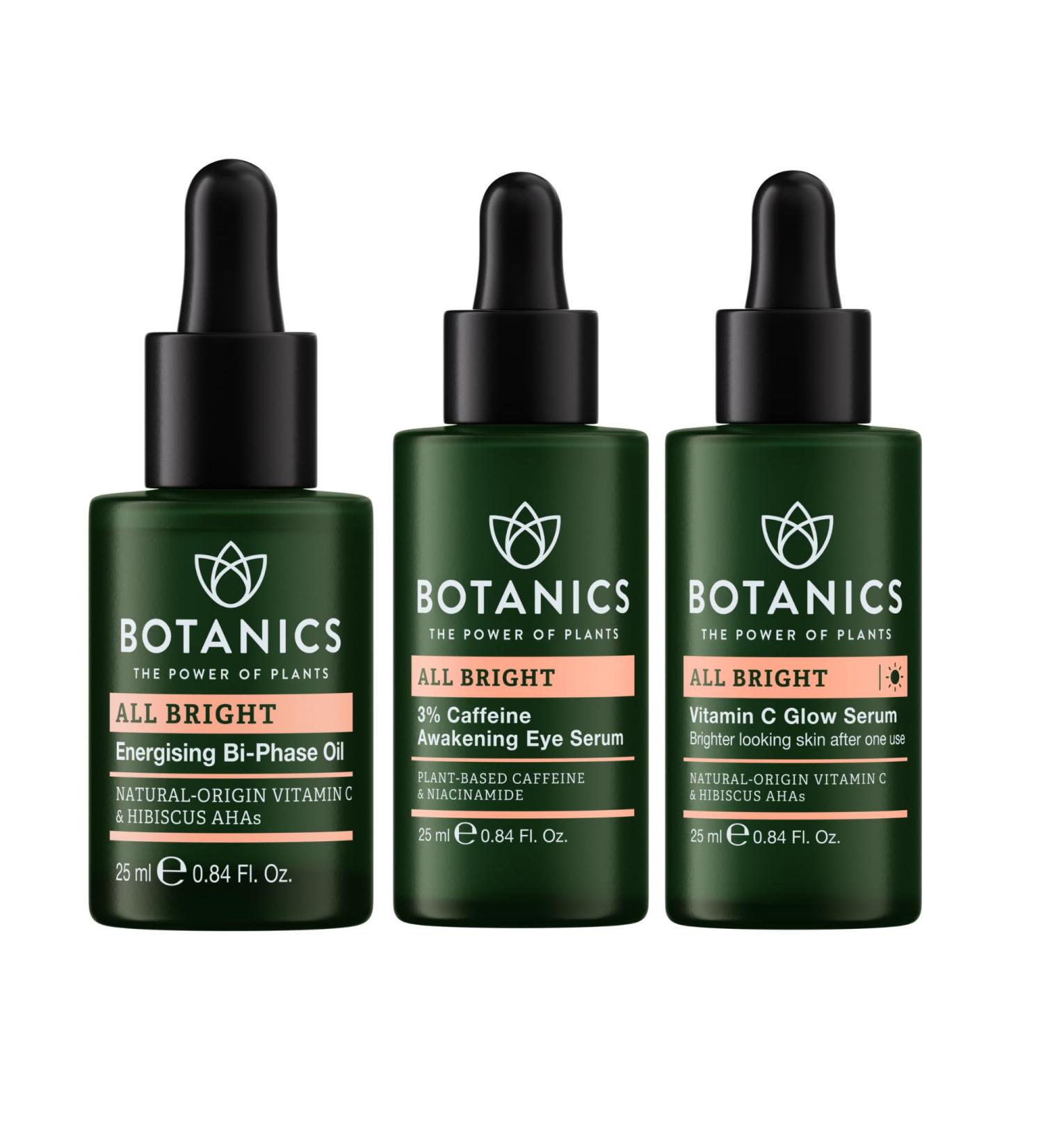 Botanics All Bright Energizing Bi-Phase Face Oil, 3% Caffeine Awakening Under Eye Serum and Vitamin C Face Serum - Vegan & Cruelty-Free Skin Care - 3-Item Bundle - Buy Online on GoSupps.com