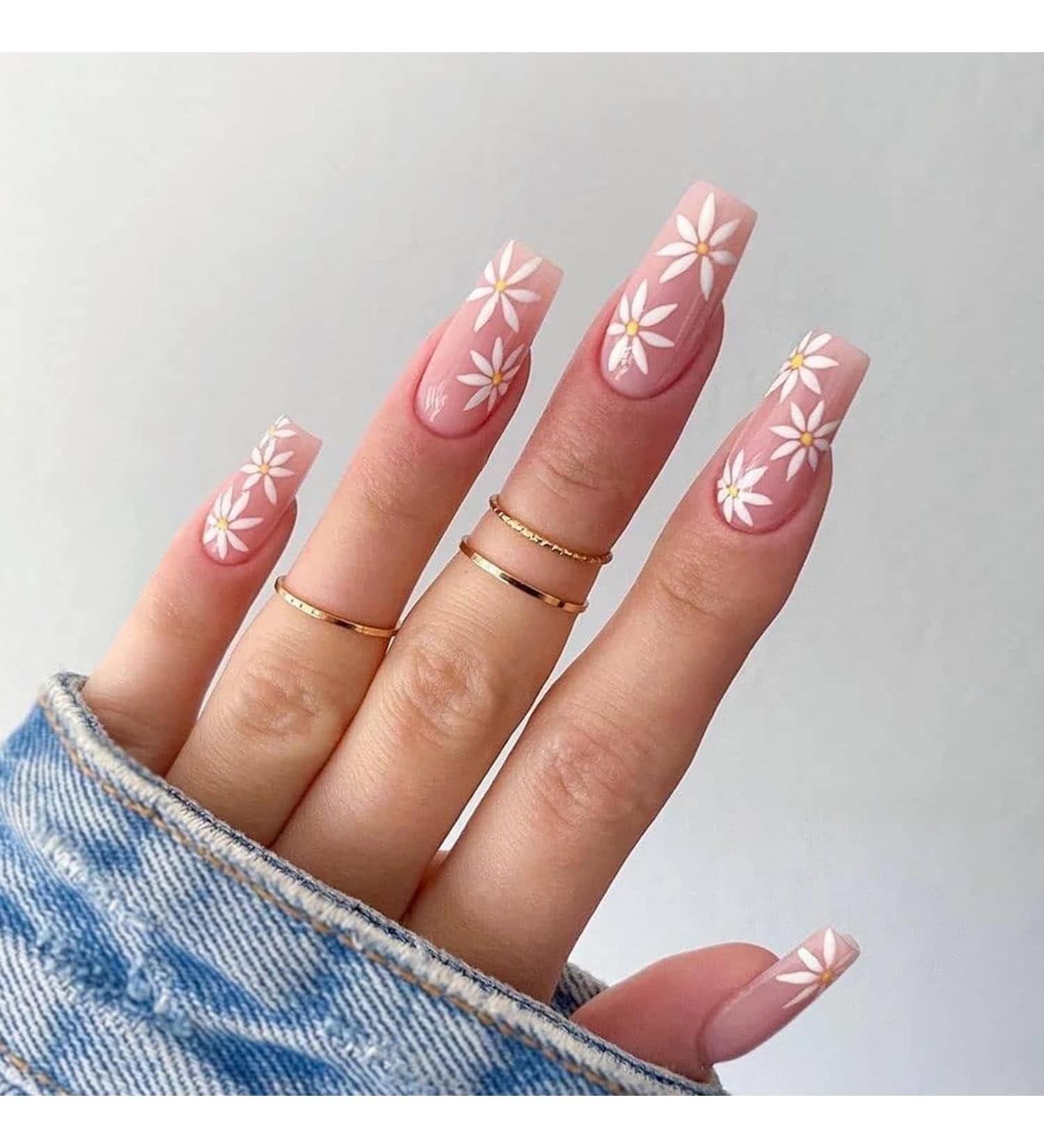 Daisy Press on Nails - 24Pcs Medium Length Full Cover Stick on Nails with Exquisite French Design for Women and Girls - Buy Online on GoSupps.com