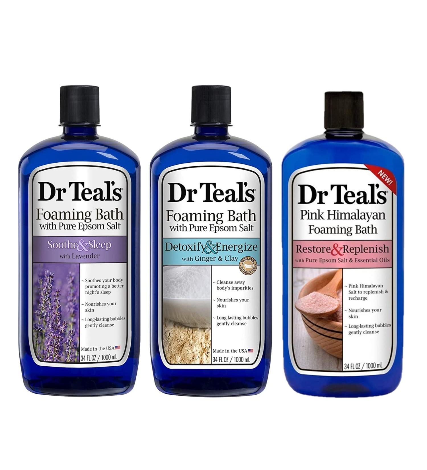 Dr Teal's Foaming Bath Combo (3 Pack 102 fl oz) - Soothe & Sleep Lavender Ginger & Clay and Pink Himalayan Foaming Baths - Three Pack Variety of Epsom Salt Bubble Bath