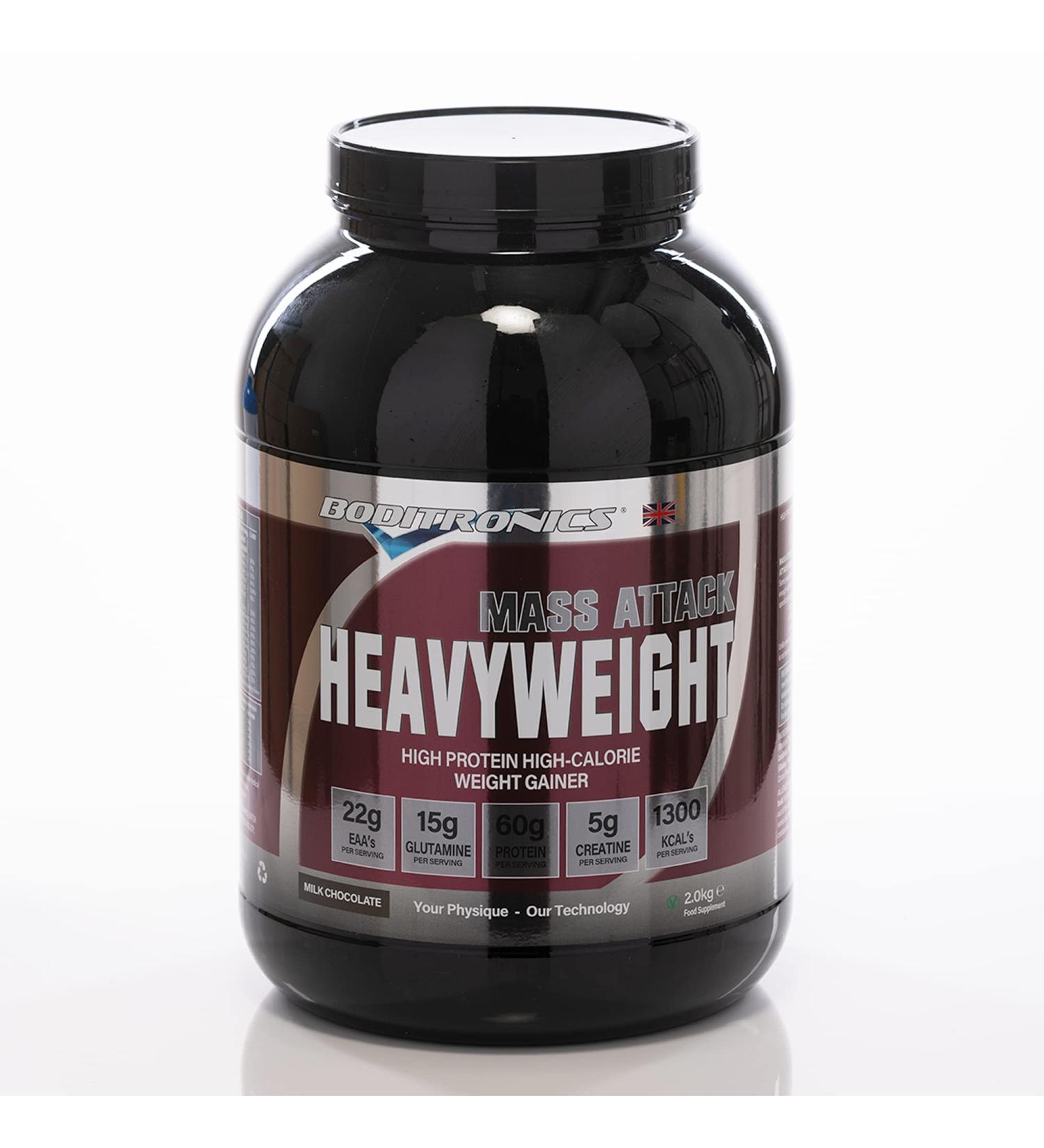 Boditronics Mass Attack Heavyweight Mass Gainer Powder for High Protein and High-Calorie Weight Gainer Protein Powder with 5g Creatine BCAA Glutamine and Beta Alanine (Milk Chocolate) Chocolate 2 kg (Pack of 1) - Buy Online on GoSupps.com