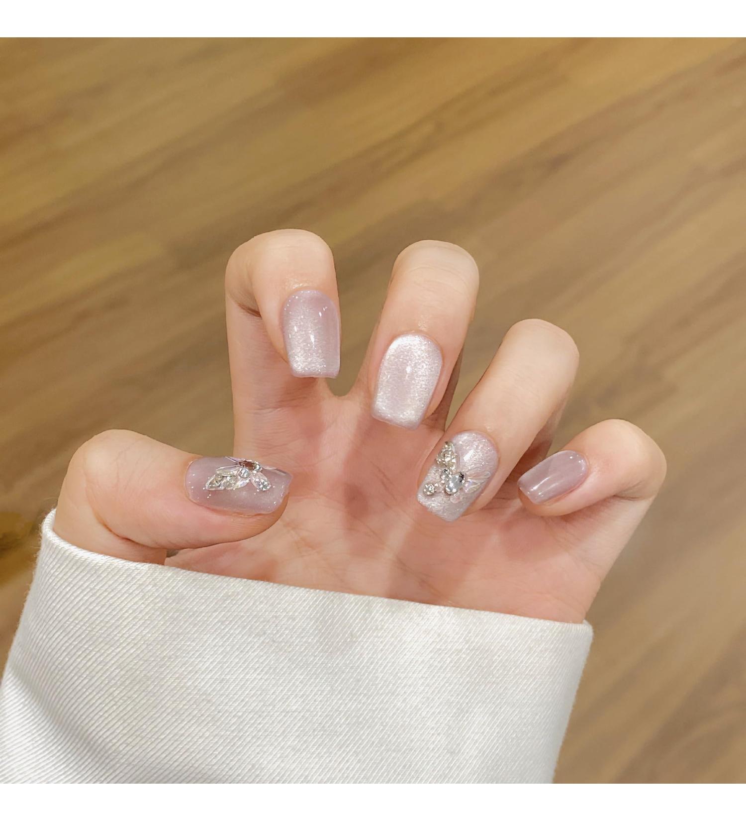 Nude cat eye hand-made nails long nails hand-made press-on nails gentle removable nail stickers(Purple Ultra short ladder S)