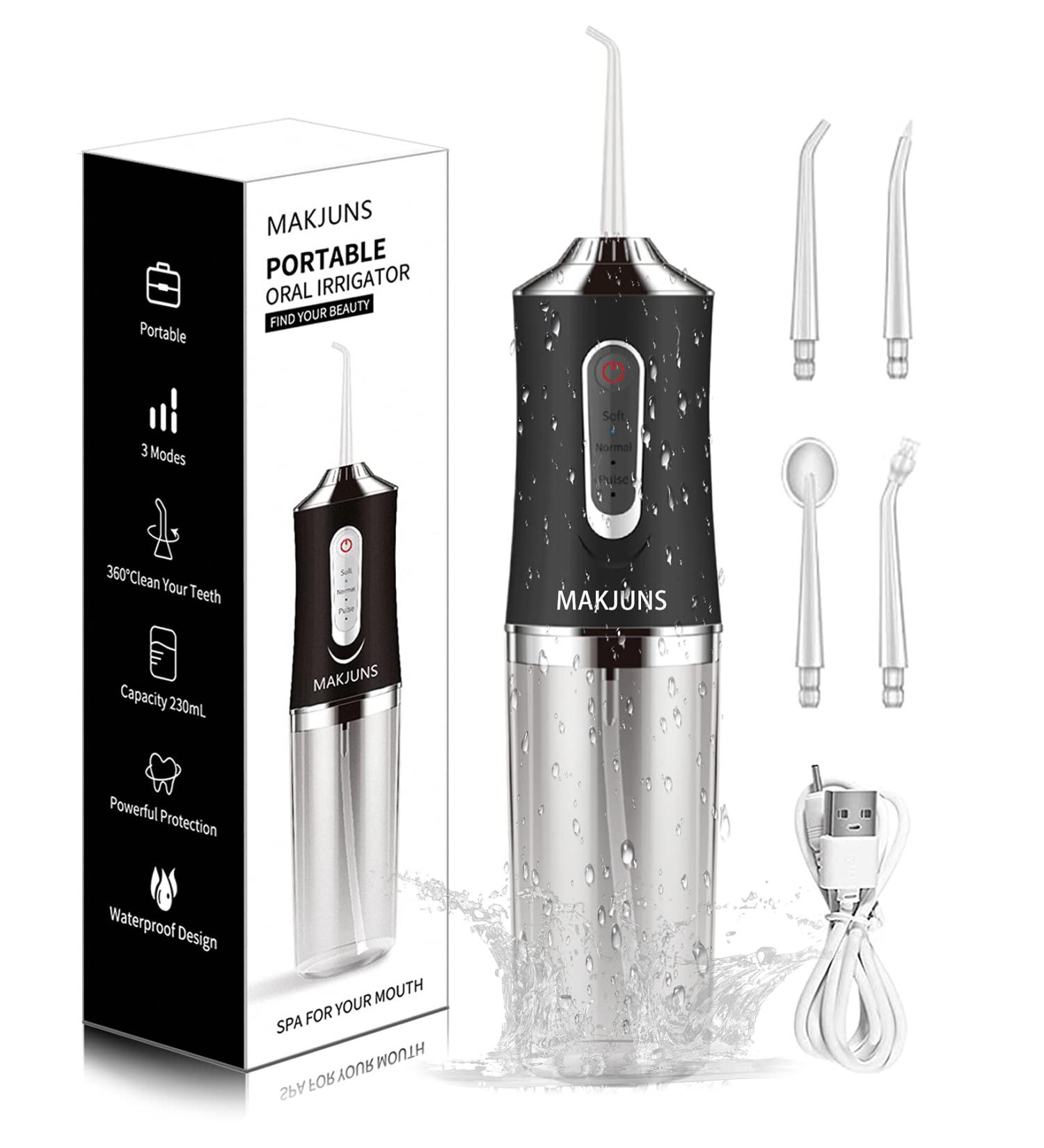 Portable Cordless Water Flosser Teeth Cleaner | 3 Modes 4 Jets | Rechargeable Dental Irrigator for Travel Home Braces | Black - Buy Online on GoSupps.com