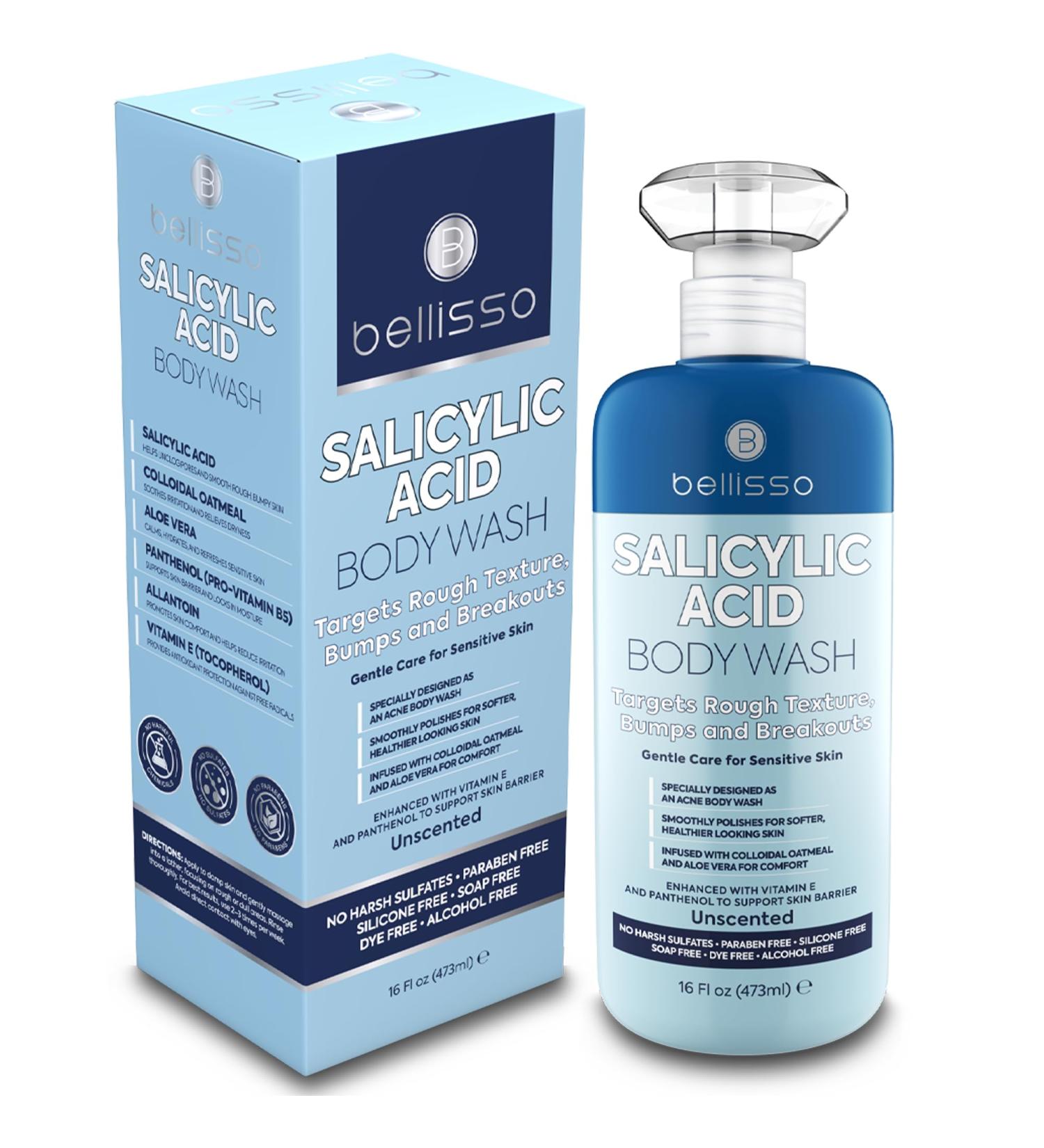 BELLISSO Salicylic Acid Body Wash - Men's and Women's Exfoliating Liquid Soap for Back Acne and KP - For Oily and Sensitive Skin - Sulfate Free Formula - 16 Fl Oz - Buy Online on GoSupps.com