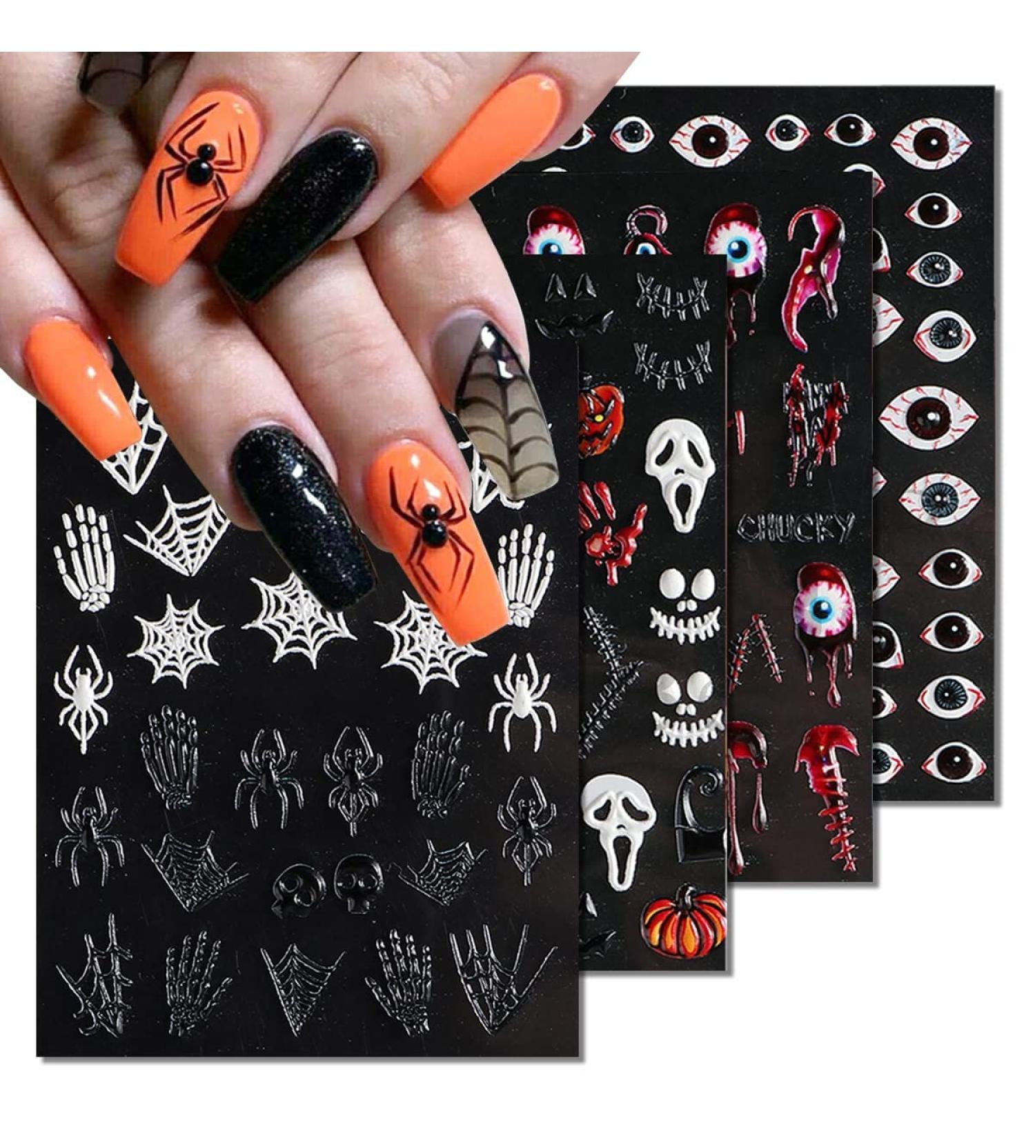 Halloween Nail Stickers 5D Self Adhesive Acrylic Realistic Eyes Bone Spider Embossed Sliders Gel Polish Decal 4Sheets - Buy Online on GoSupps.com