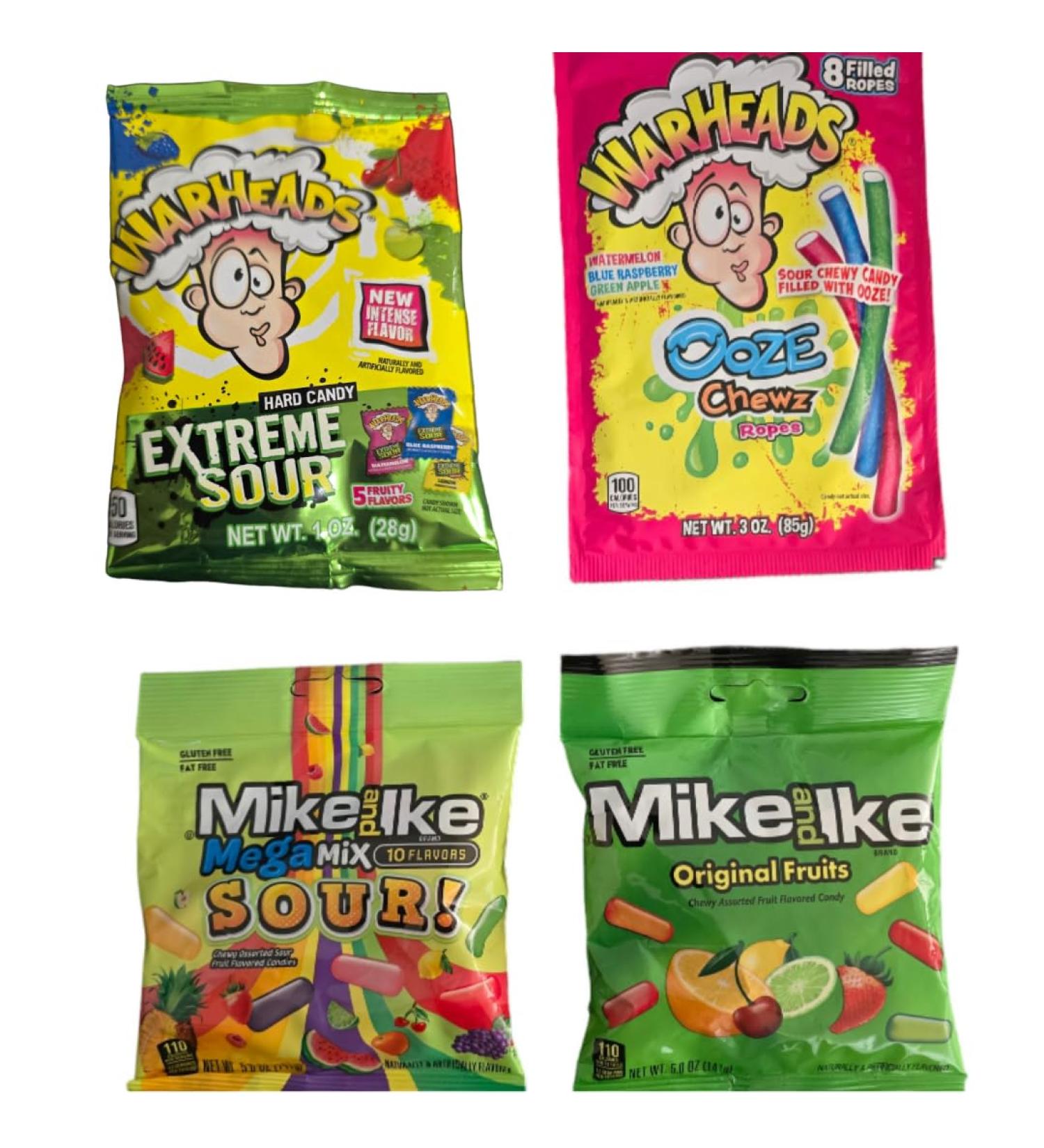 Variety pack of 4 candies War-heads extreme sour War-heads chews ropes Mike and Ike original and Mike and Ike megamix sour 10 flavours. Total 395g candies (14OZ) - Buy Online on GoSupps.com