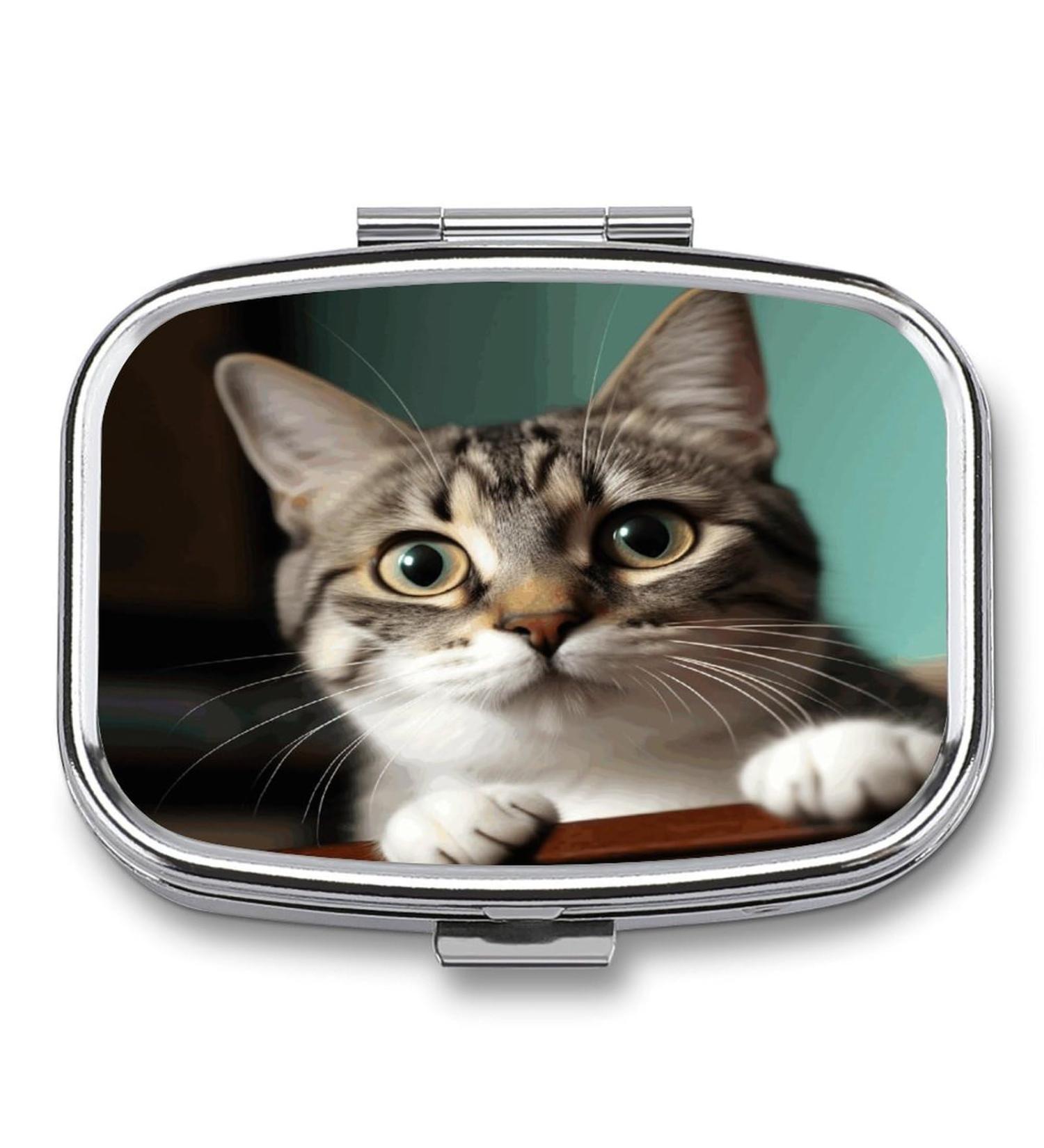 Curious Cat Print Pill Box - 2 Compartment Portable Pill Organizer | Decorative Metal Medicine Case for Pocket & Purse - International Shipping Available - Buy Online on GoSupps.com