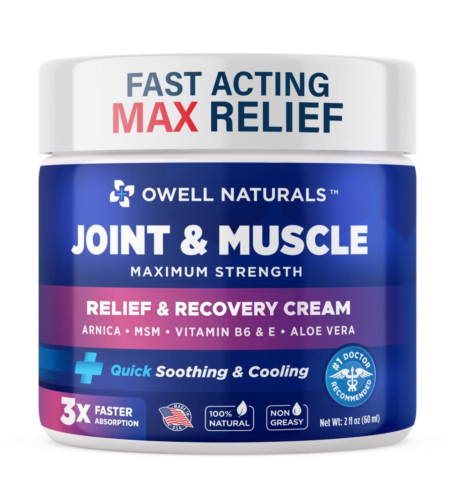 OWELL NATURALS Joint & Muscle Cream - Maximum Strength Relief for Back, Neck, Hands, Feet & Shoulders - Fast-Acting Non-Greasy Formula - 2 Fl Oz Made in USA - Buy Online on GoSupps.com