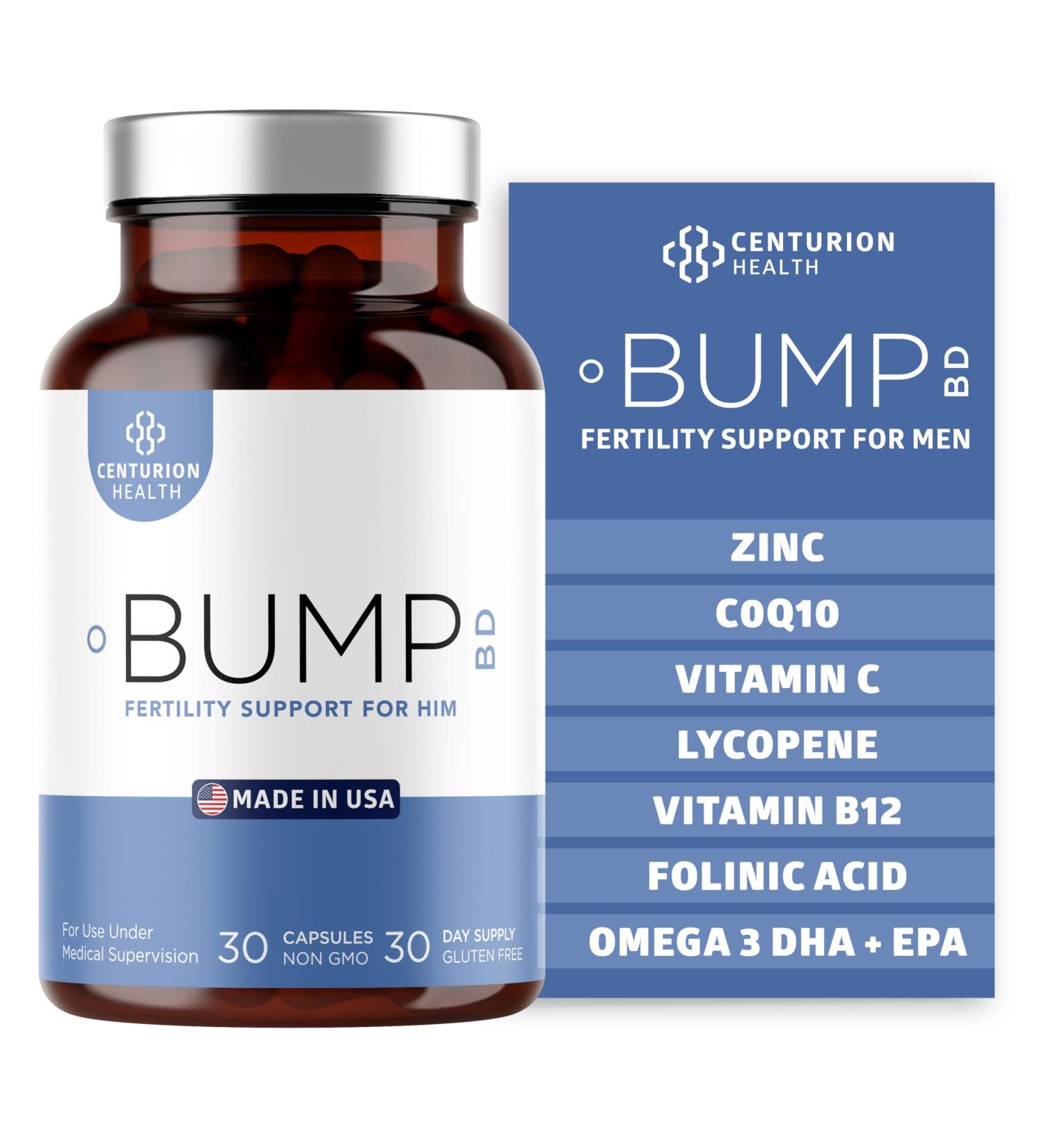 Centurion Labs Bump BD Natural Fertility Supplement for Men Male Prenatal Vitamins with Selenium CoQ10 L-Methylfolate Folinic Acid DHA + EPA to Support Hormonal Balance & Motility 30 Caps - Buy Online on GoSupps.com