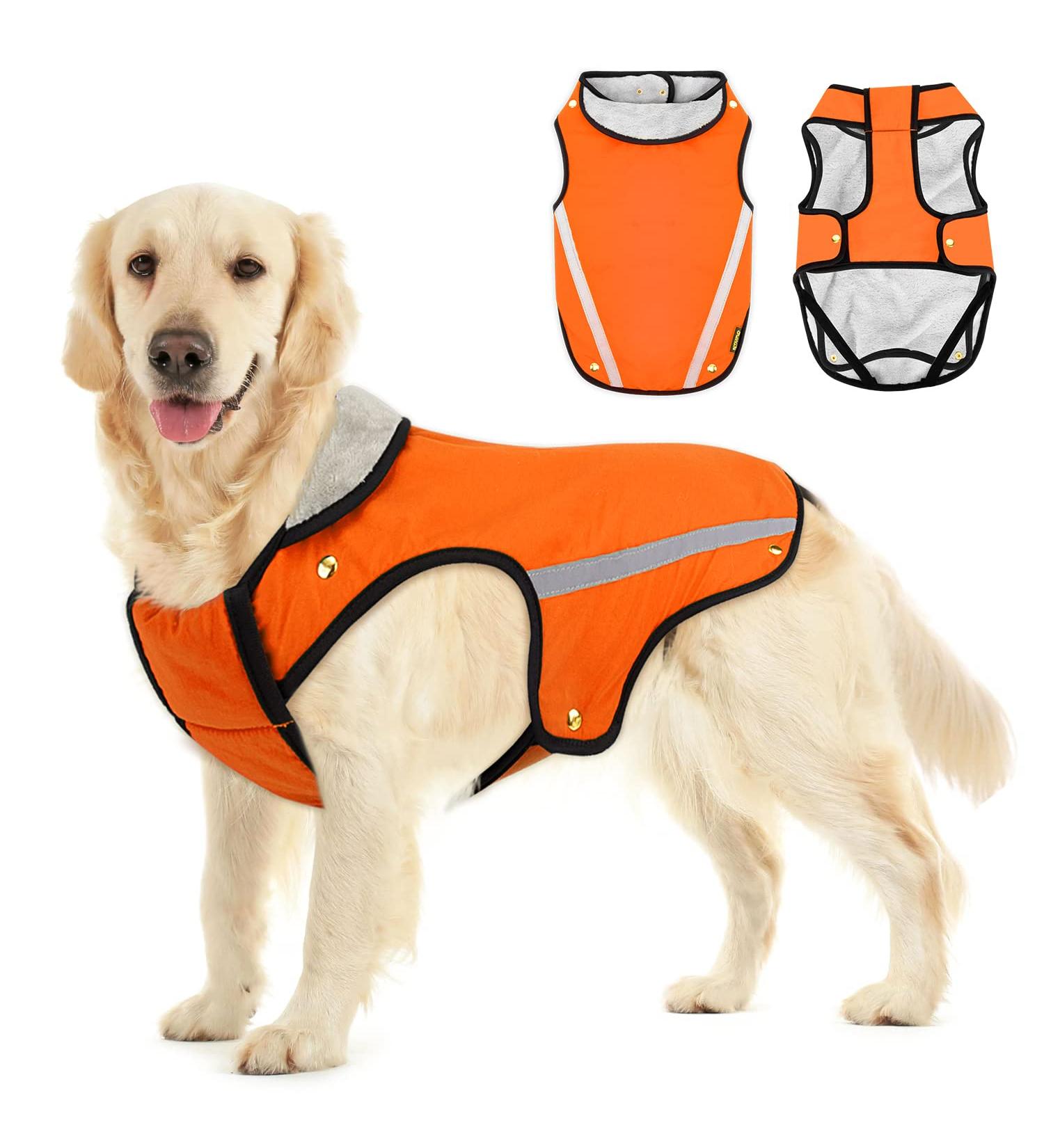 Slowton Winter Dog Jacket - Soft Flannel Waterproof & Windproof Coat with Adjustable Fit & Reflective Stripes for Extra Warmth | Orange - Buy Online on GoSupps.com