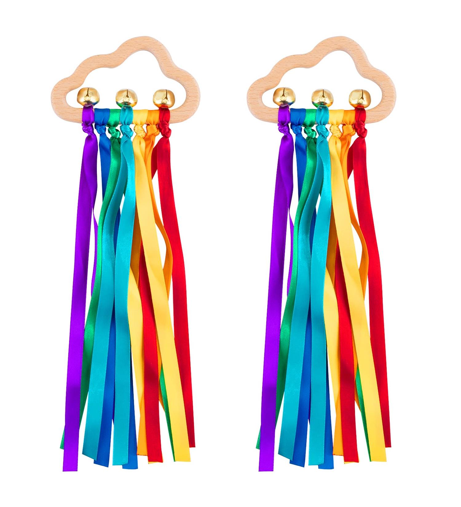 Baby Sensory Ribbon Ring Toys - Set of 2 | Rainbow Rattle & Natural Wooden Teether for 6-12 Month Babies | Montessori Sensory Toy - Buy Online on GoSupps.com