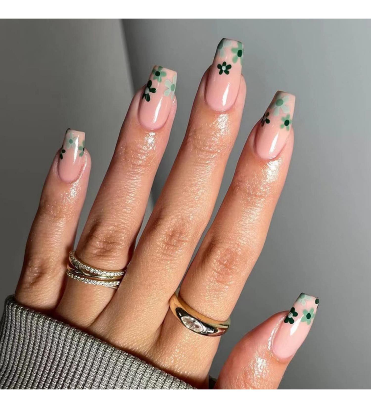 24 Pcs Floral Fake Nails Medium Green French Press on Nails - Trendy Nude Ballerina Stick on Nails for Women - Acrylic Coffin False Nails Long with Glue for Nail Art - Buy Online on GoSupps.com