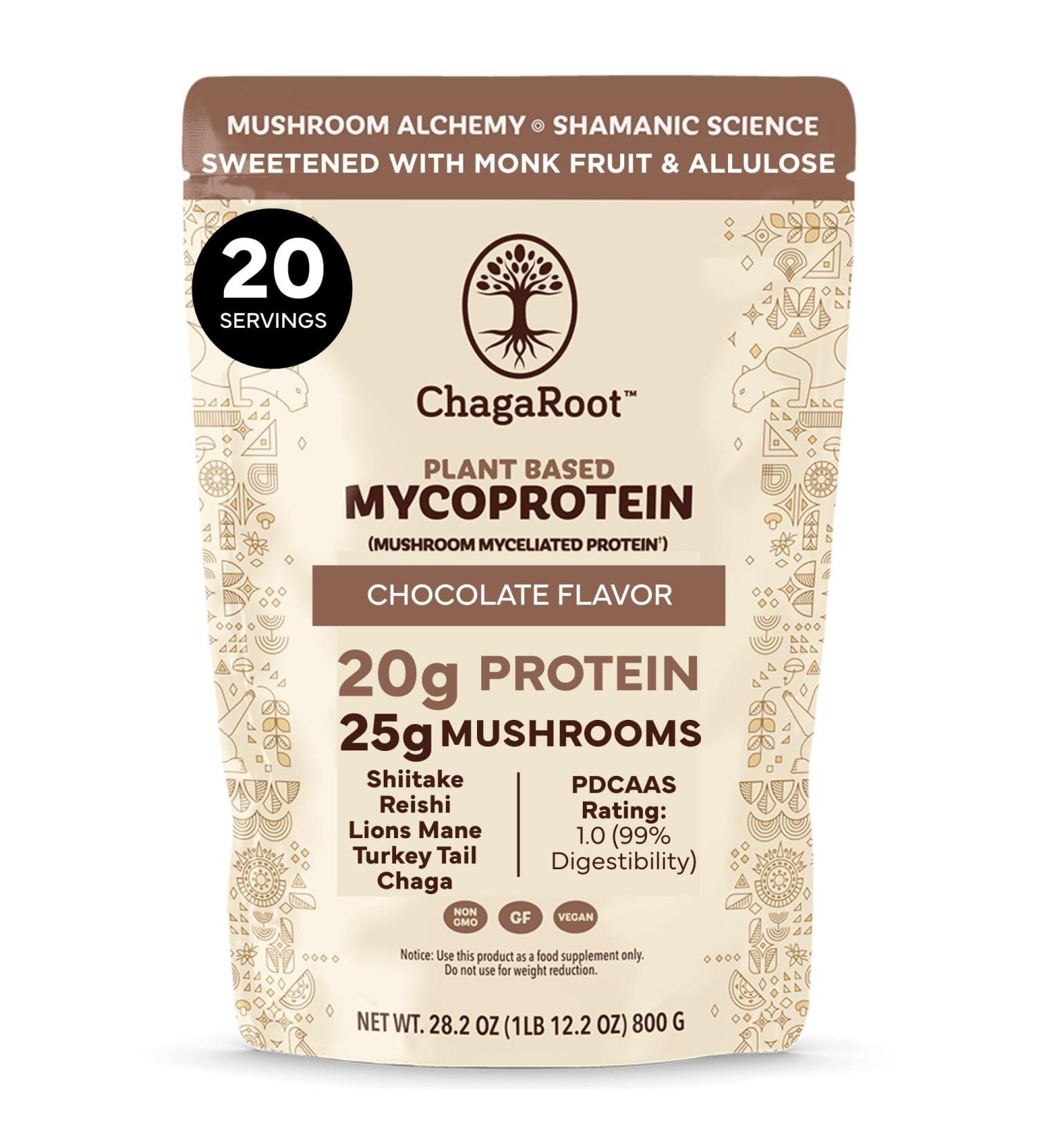 ChagaRoot Mycoprotein Mushroom Protein Powder Chocolate Flavor 20g Plant Based Protein per Serving Reishi Chaga Lions Mane Shiitake Turkey Tail Vegan Gluten Free Coffee Smoothies 1.76 lb - Buy Online on GoSupps.com