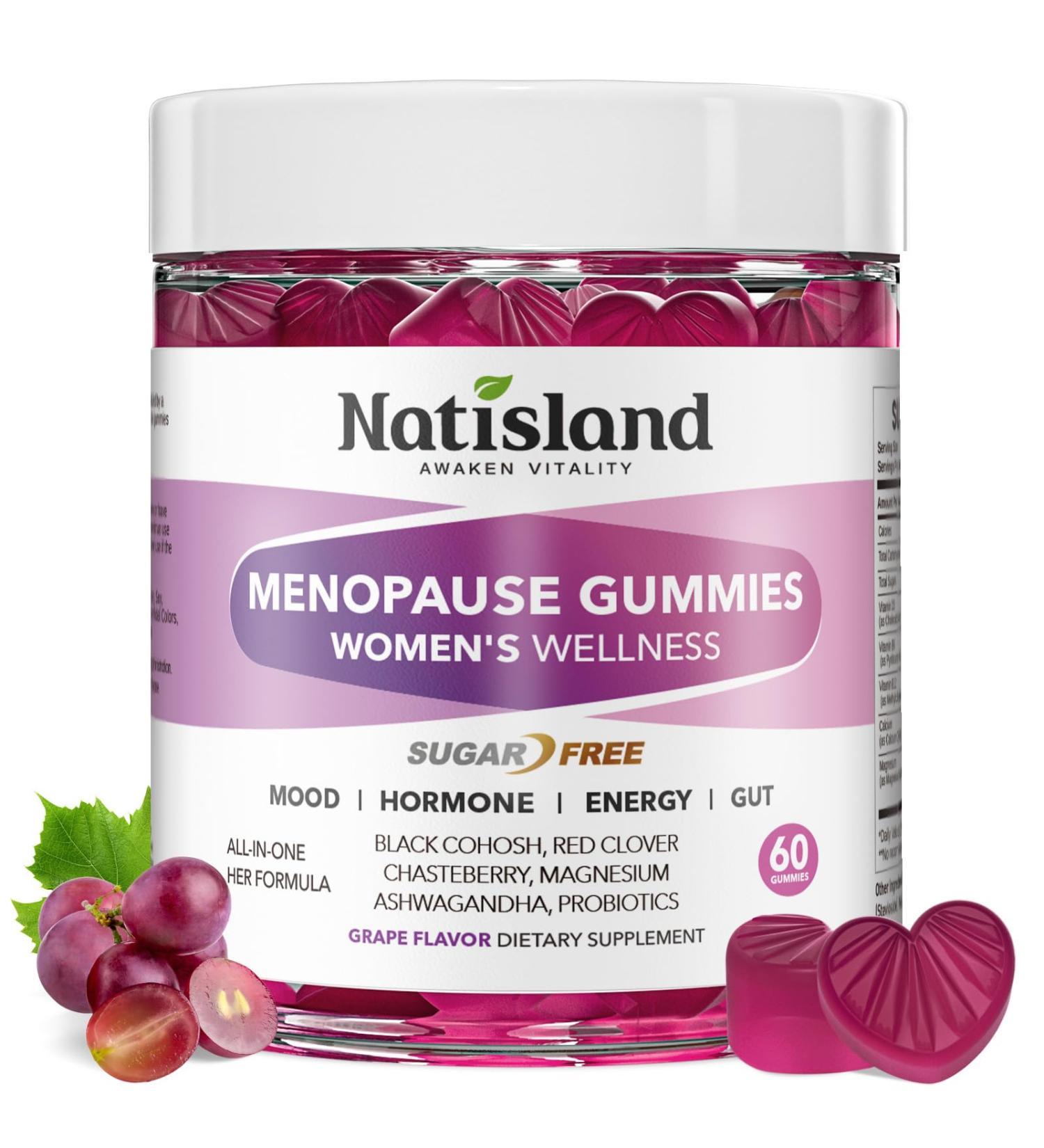 NATISLAND Menopause Supplements for Women Gummies, Hot Flashes & Night Sweats Support, Menopause Relief with Black Cohosh, Chasteberry & Probiotics, Sugar Free, Vegan, Grape Flavor, 60 Count - Buy Online on GoSupps.com