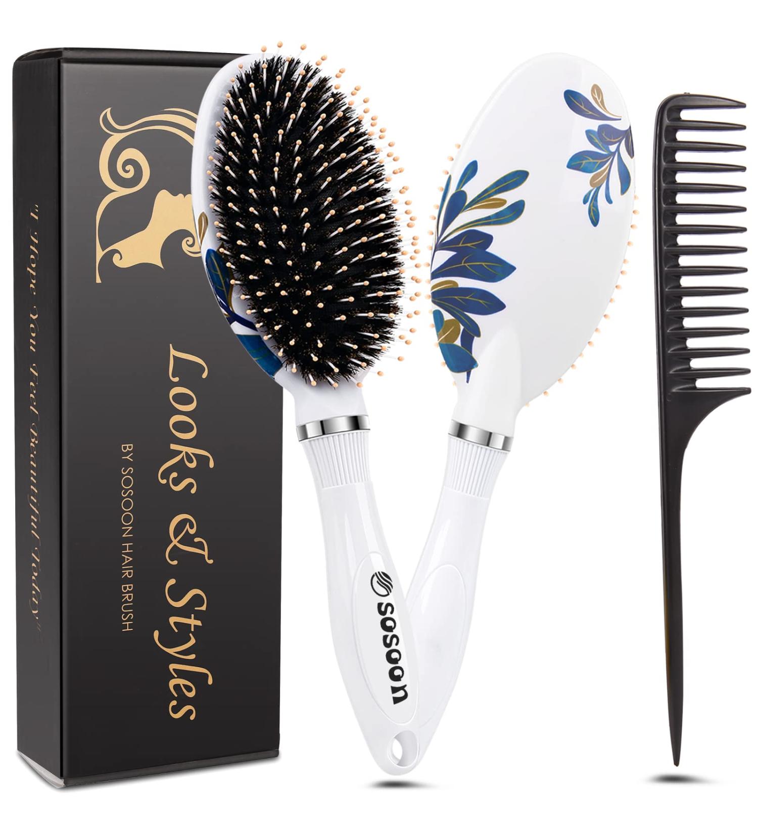 Boar Bristle Hair Brush for Women & Kids - Smoothing Detangling Hairbrush for Thick, Curly, Wet & Dry Hair - Adds Shine, Improves Texture - Includes Hair Comb and Giftbox - White - Buy Online on GoSupps.com