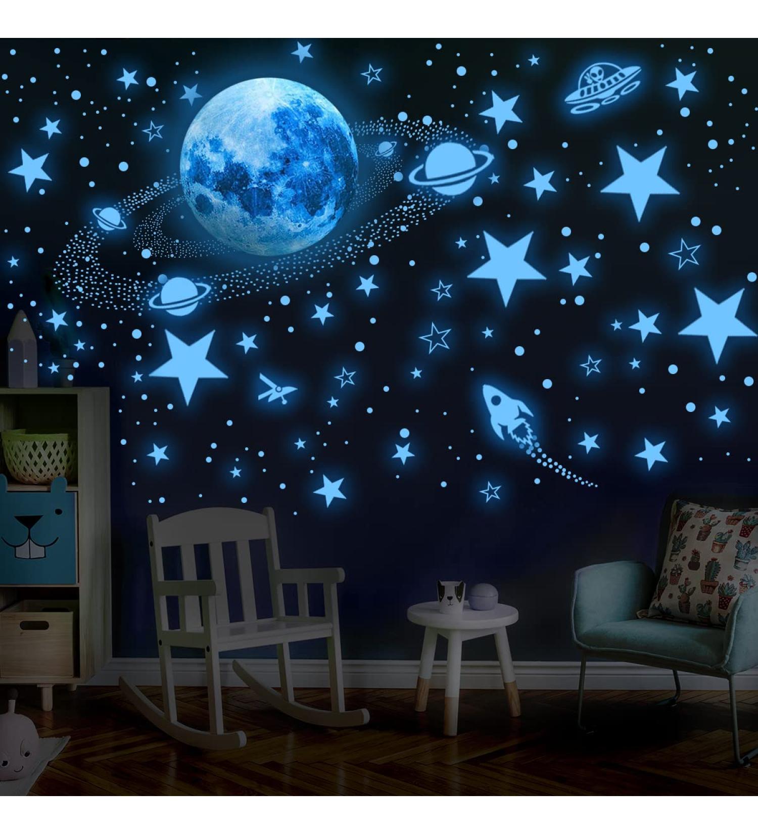 1134PCS Glow in The Dark Stars and Moon Stickers - DIY Luminous Rocket and Planets Wall Decor for Kids Bedroom - Green (Blue) - Buy Online on GoSupps.com