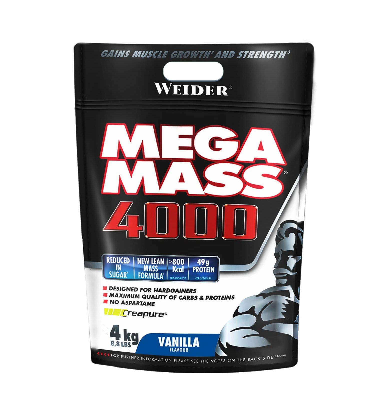 Weider Mega Mass 4000 Vanilla Flavor Protein Blend for Mass Gain with 3 Proteins (Milk Whey Egg White) and Creatine. Low i - Buy Online on GoSupps.com