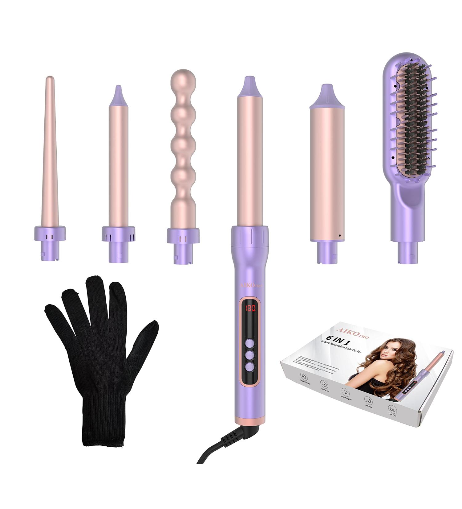 6 in 1 Interchangeable Ceramic Curling Iron Set | Hair Straightener Brush | Instant Heat & Auto Shut Off | Dual Voltage Wand with Adjustable Temperature & Glove - Buy Online on GoSupps.com