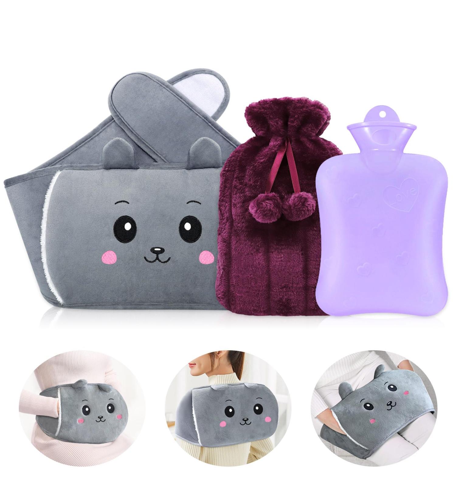 Soft Plush Fluffy Cover Set for MOTONG Hot Water Bottle - Pain Relief for Waist, Back, and Menstrual Pain - Adjustable Waist Belt - Natural Rubber Water Bag - Grey+Purple+Purple - Buy Online on GoSupps.com