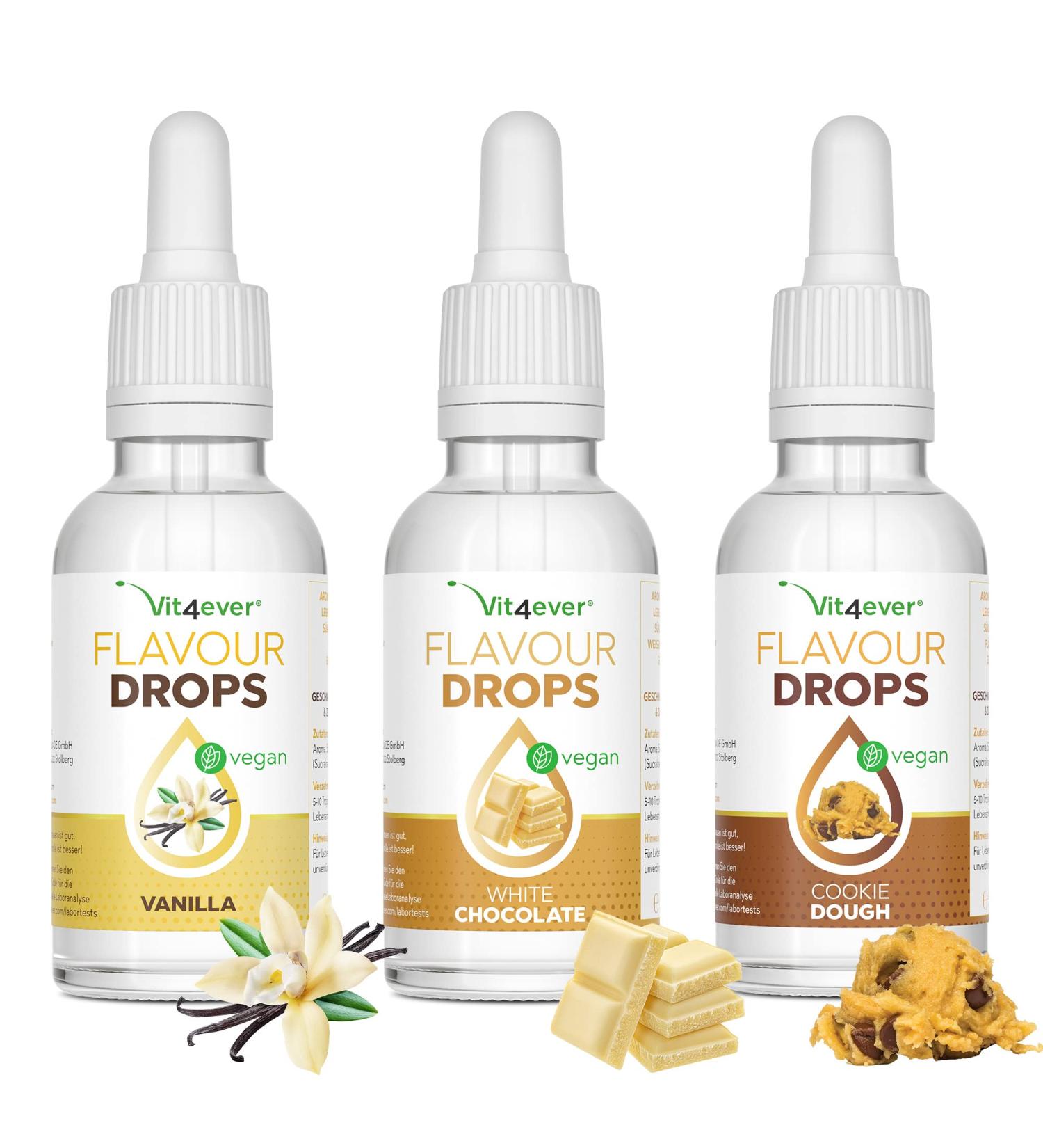 Buy Flavor Drops Bundle (3x50ml) - Vanilla White Chocolate & Cookie Dough - Calorie-Free Taste Enhancer - Buy Online on GoSupps.com