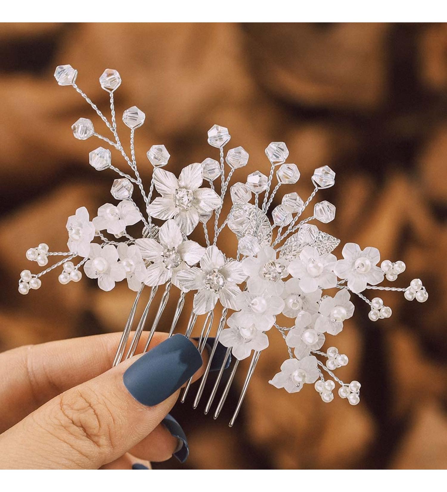 IYOU Bridal Wedding Crystal Hair Comb Pearl Flower Headpiece Communion Prom Princess Hair Accessories for Girls and Women (Silver) - Buy Online on GoSupps.com