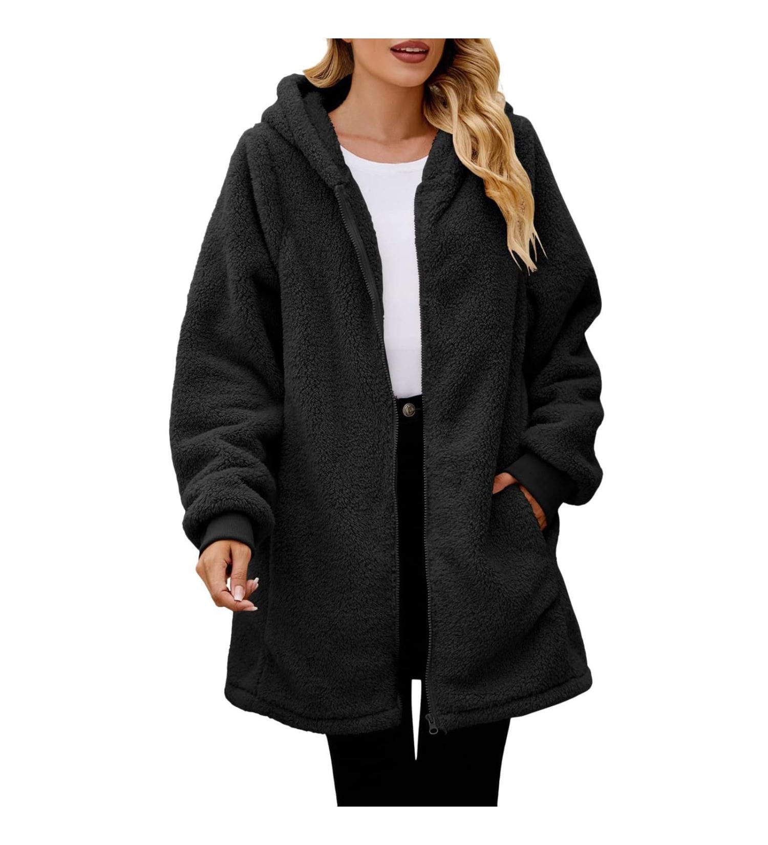 Yihaojia Womens Winter Fuzzy Fleece Jacket Hooded Zip Up Mid Length Warm Coat Oversized Teddy Outerwear with Pockets Black#49 X-Large - Buy Online on GoSupps.com