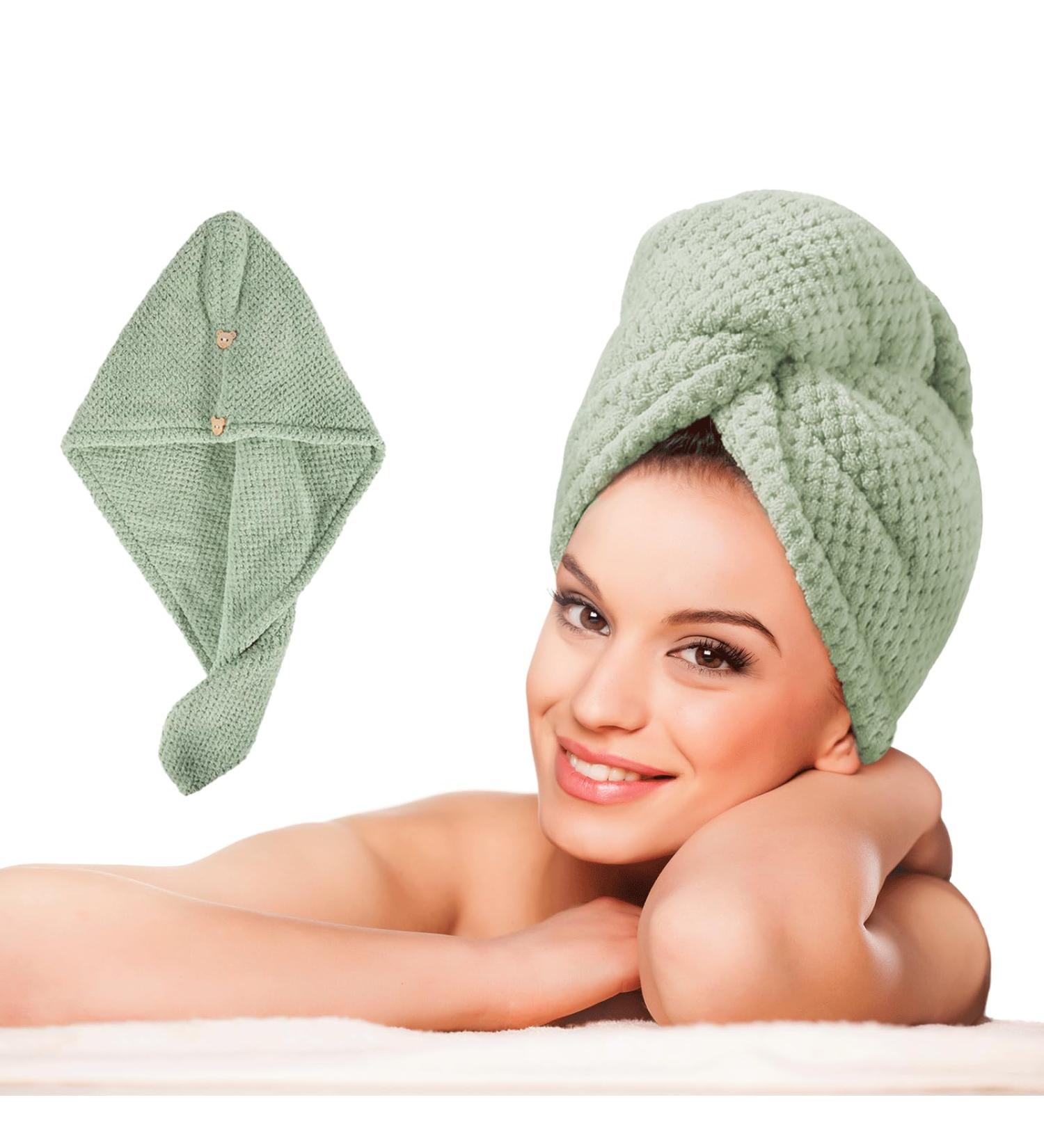 LTBL Microfiber Hair Cloth Wrap - Large Double-Layer Fast Drying Towel for Women - Thickened Avocado Green Hair Drying Towel with Button - Buy Online on GoSupps.com