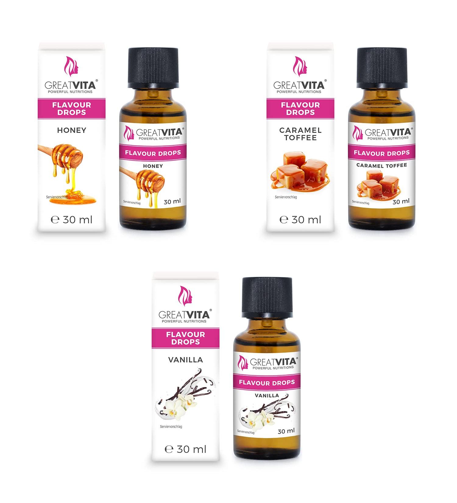 GreatVita Flavour Drops Set of 3 - Honey Caramel & Vanilla | Enhance Your Beverages & Desserts | International Shipping Available - Buy Online on GoSupps.com