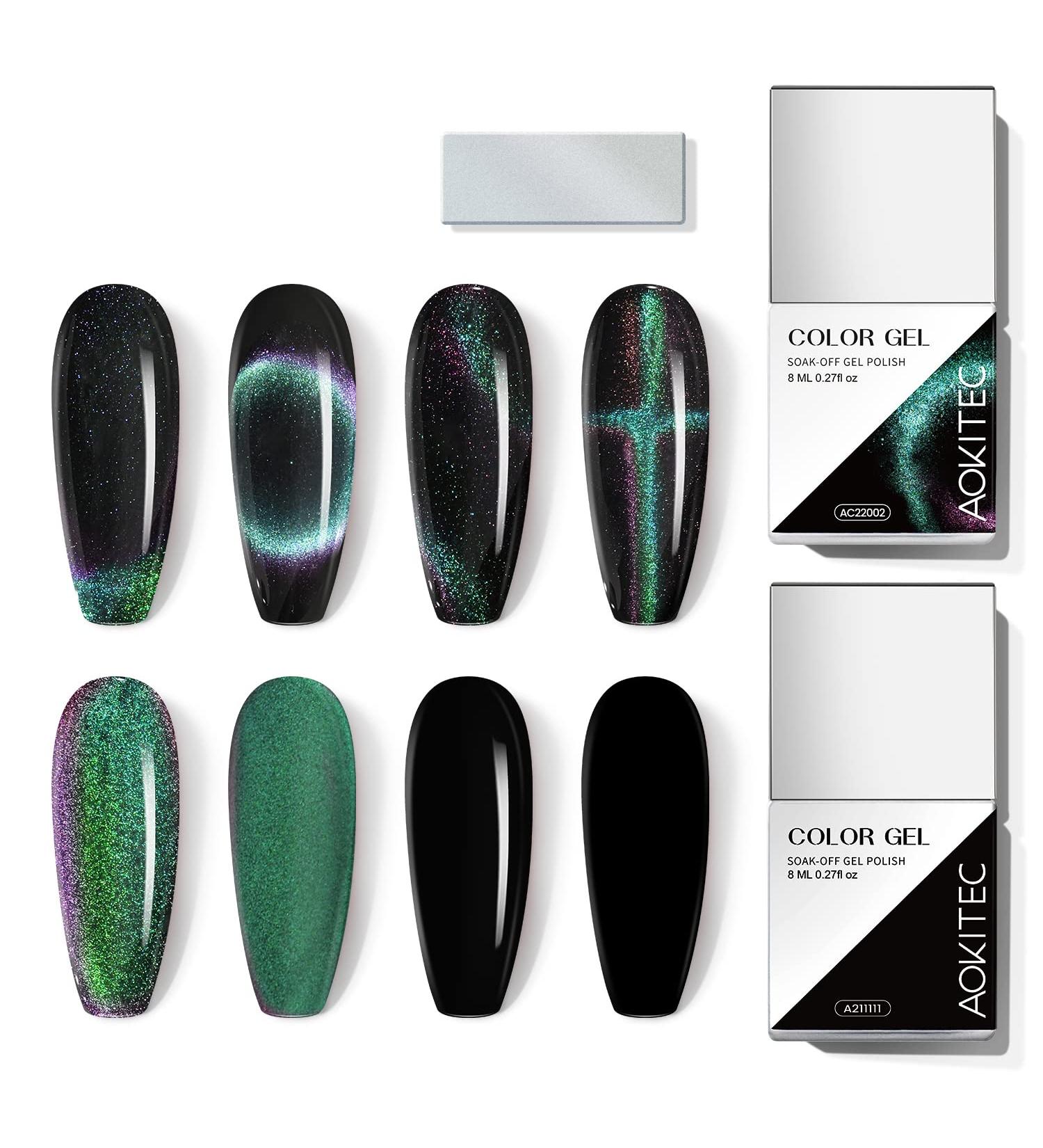 Aokitec 8ML*2 9D Cat Eye Gel Nail Polish Kits With Black Gel Polish And Magnetic Galaxy Glitter Holographic Shimmer Magic UV LED Soak Off Gel For Nail Art (Green & Purple) Green & Violet - Buy Online on GoSupps.com
