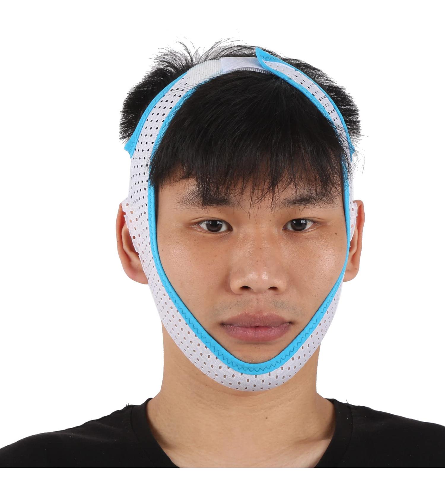 Breathable Anti-Snoring Sleeping Mask with Jaw Support Belt and Chinrest - Sky Blue Trim - Buy Online on GoSupps.com