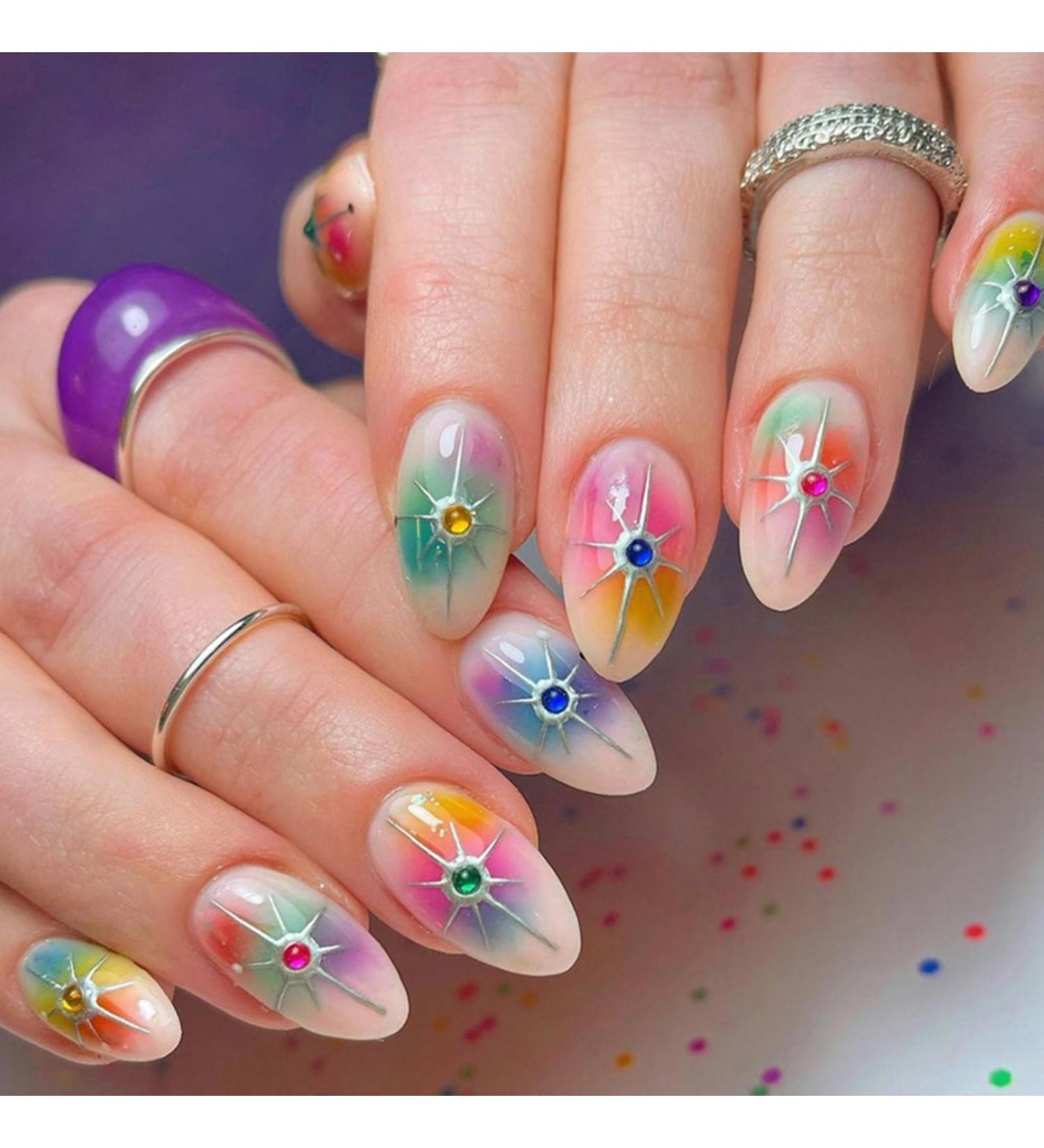 24 Piece Colorful Almond False Nails - Glossy Artificial Press-On Nails with Rainbow Star Art for Women & Girls - Buy Online on GoSupps.com